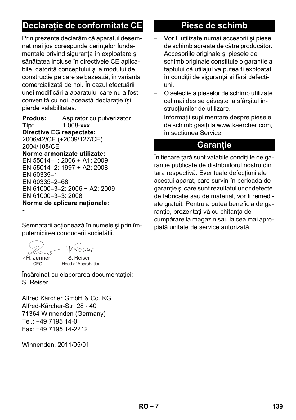 Declaraţie de conformitate ce, Piese de schimb garanţie | Karcher BRC 30-15 C User Manual | Page 139 / 200