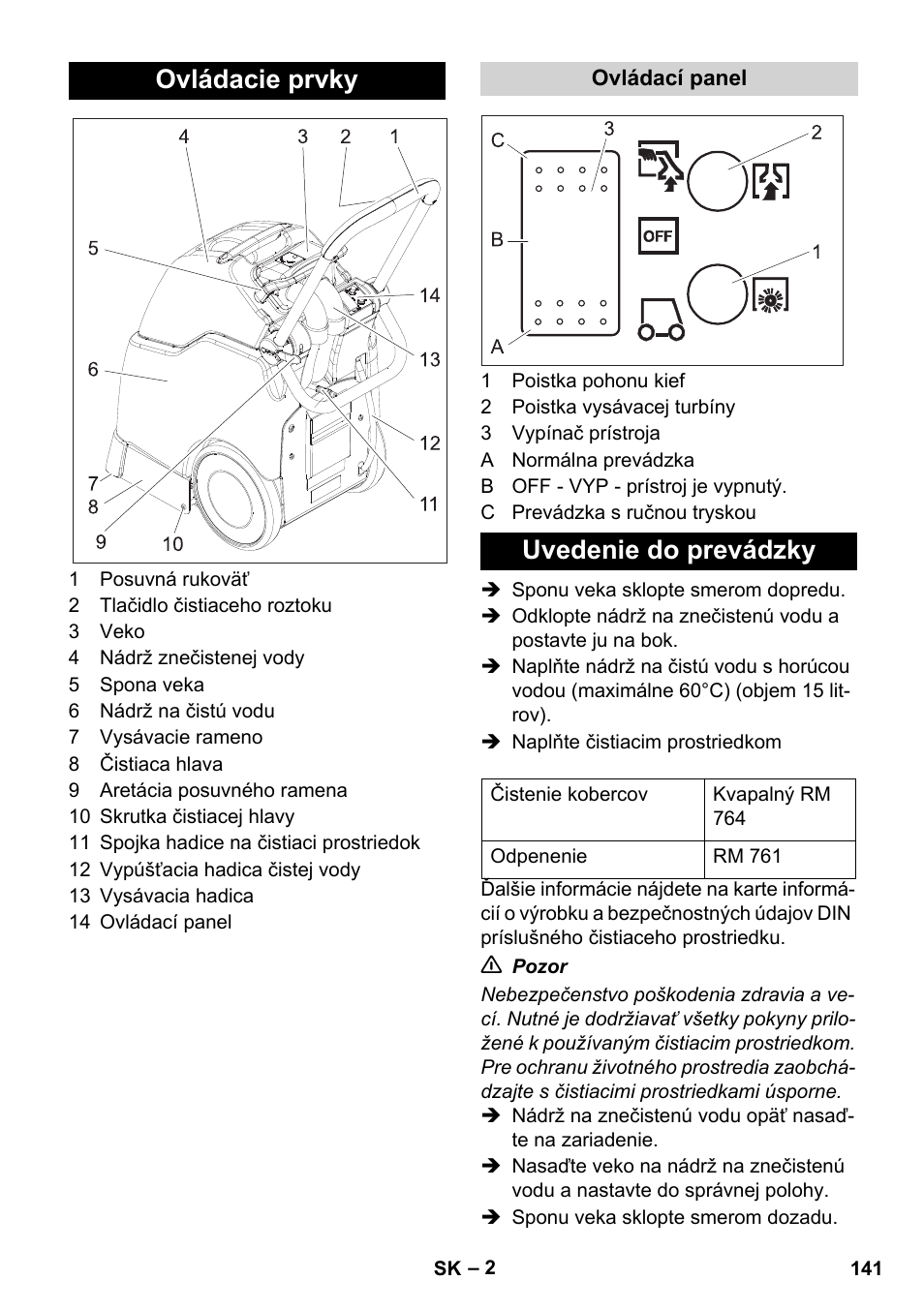 Ovládacie prvky, Uvedenie do prevádzky | Karcher BRC 30-15 C User Manual | Page 141 / 200
