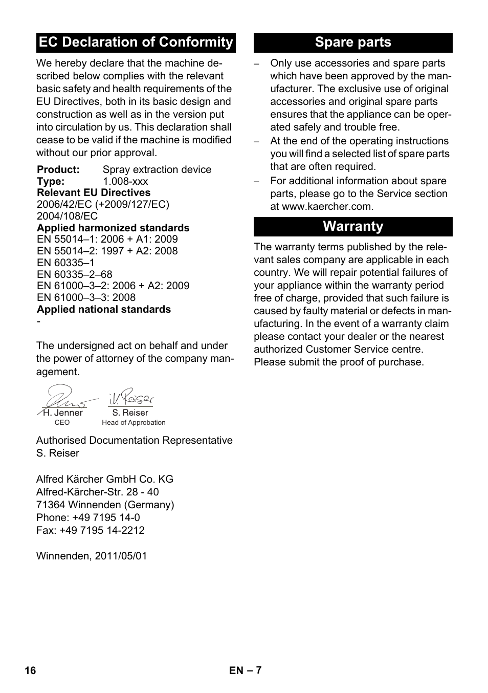 Ec declaration of conformity, Spare parts warranty | Karcher BRC 30-15 C User Manual | Page 16 / 200