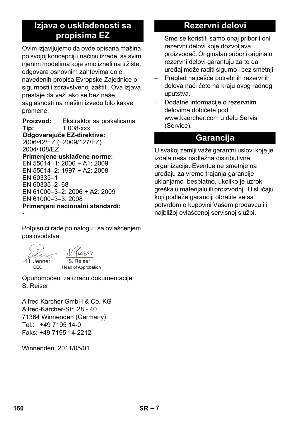 Izjava o usklađenosti sa propisima ez, Rezervni delovi garancija | Karcher BRC 30-15 C User Manual | Page 160 / 200