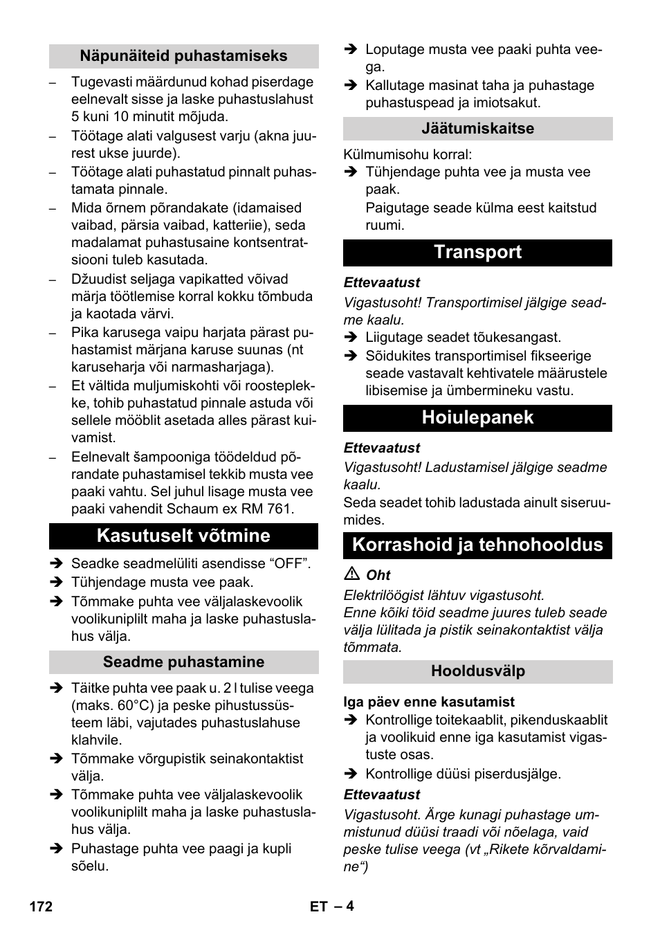 Kasutuselt võtmine, Transport hoiulepanek korrashoid ja tehnohooldus | Karcher BRC 30-15 C User Manual | Page 172 / 200