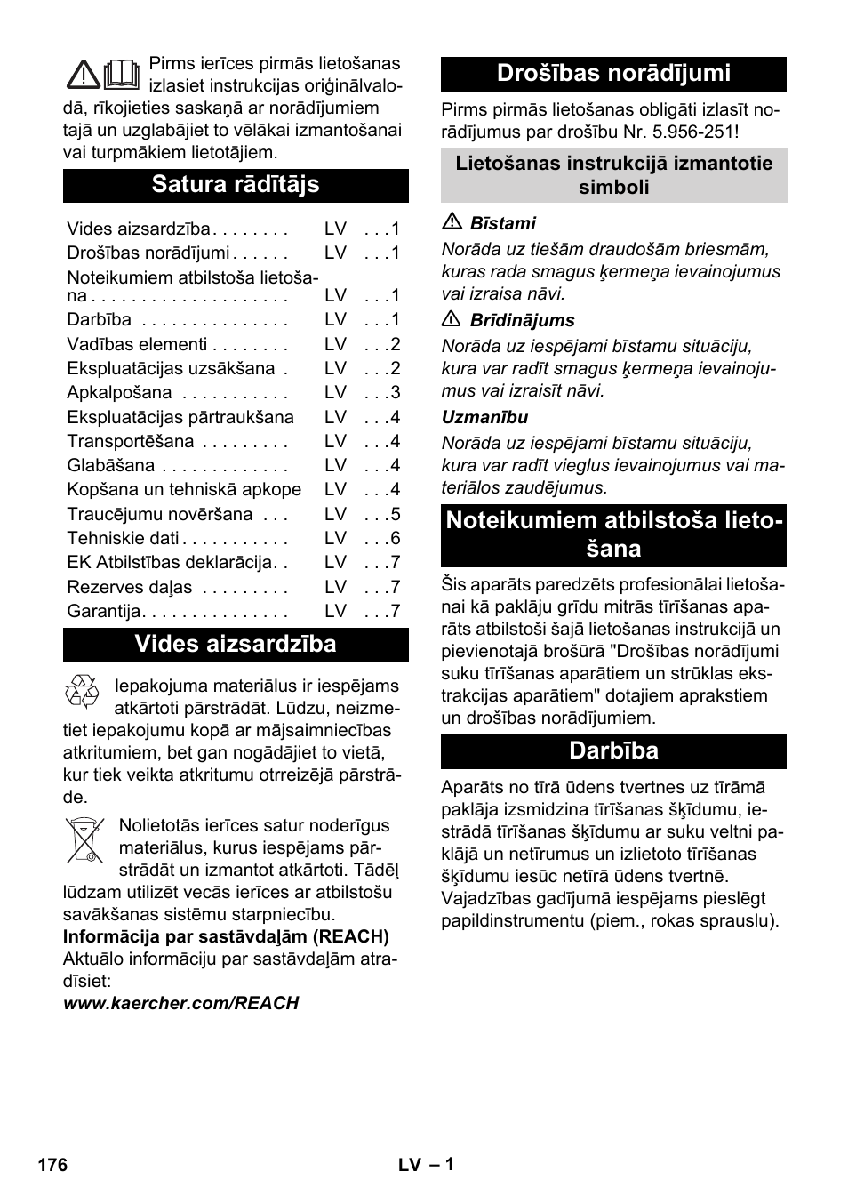 Latviešu, Satura rādītājs, Vides aizsardzība drošības norādījumi | Karcher BRC 30-15 C User Manual | Page 176 / 200