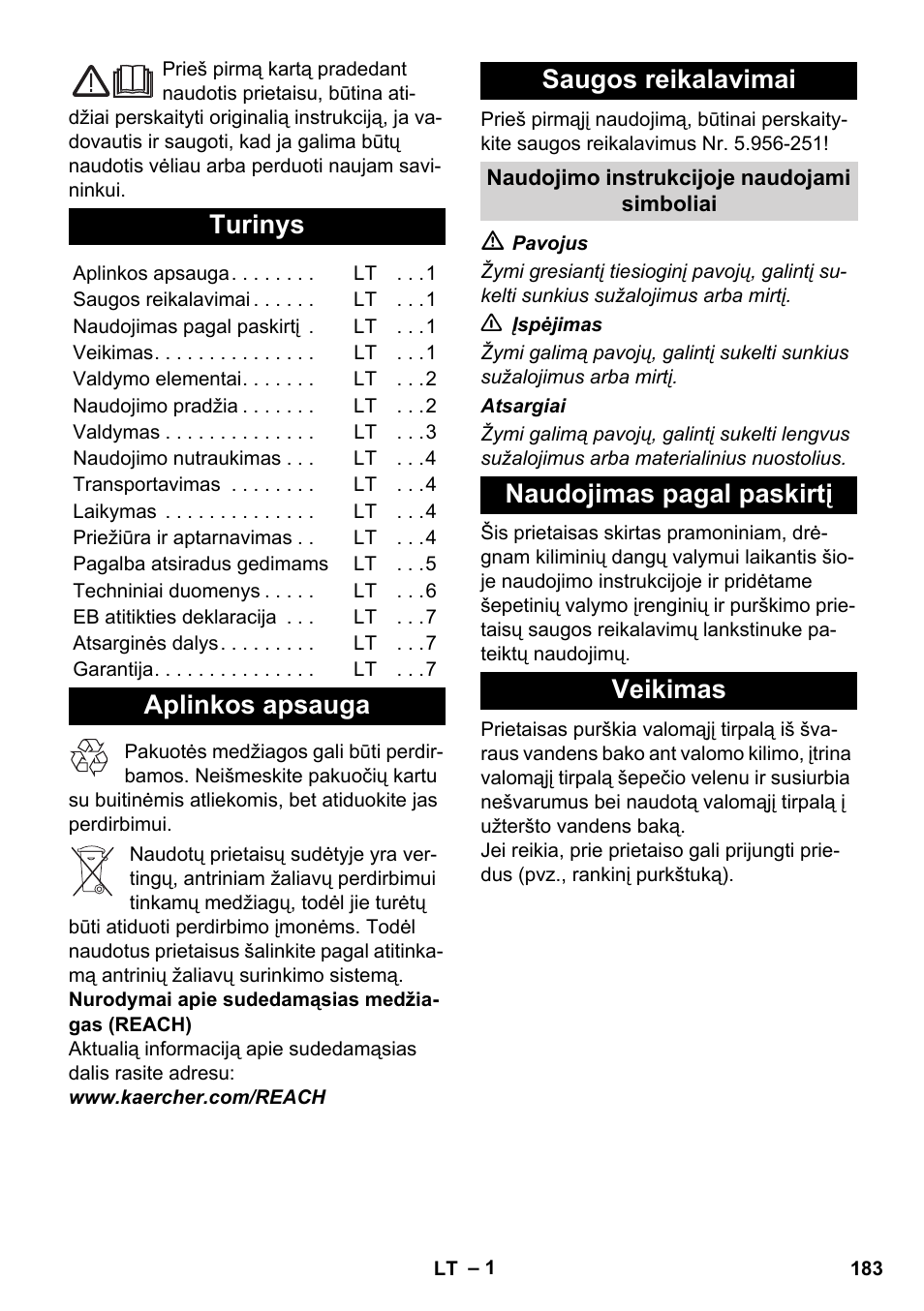 Lietuviškai, Turinys, Aplinkos apsauga saugos reikalavimai | Naudojimas pagal paskirtį veikimas | Karcher BRC 30-15 C User Manual | Page 183 / 200