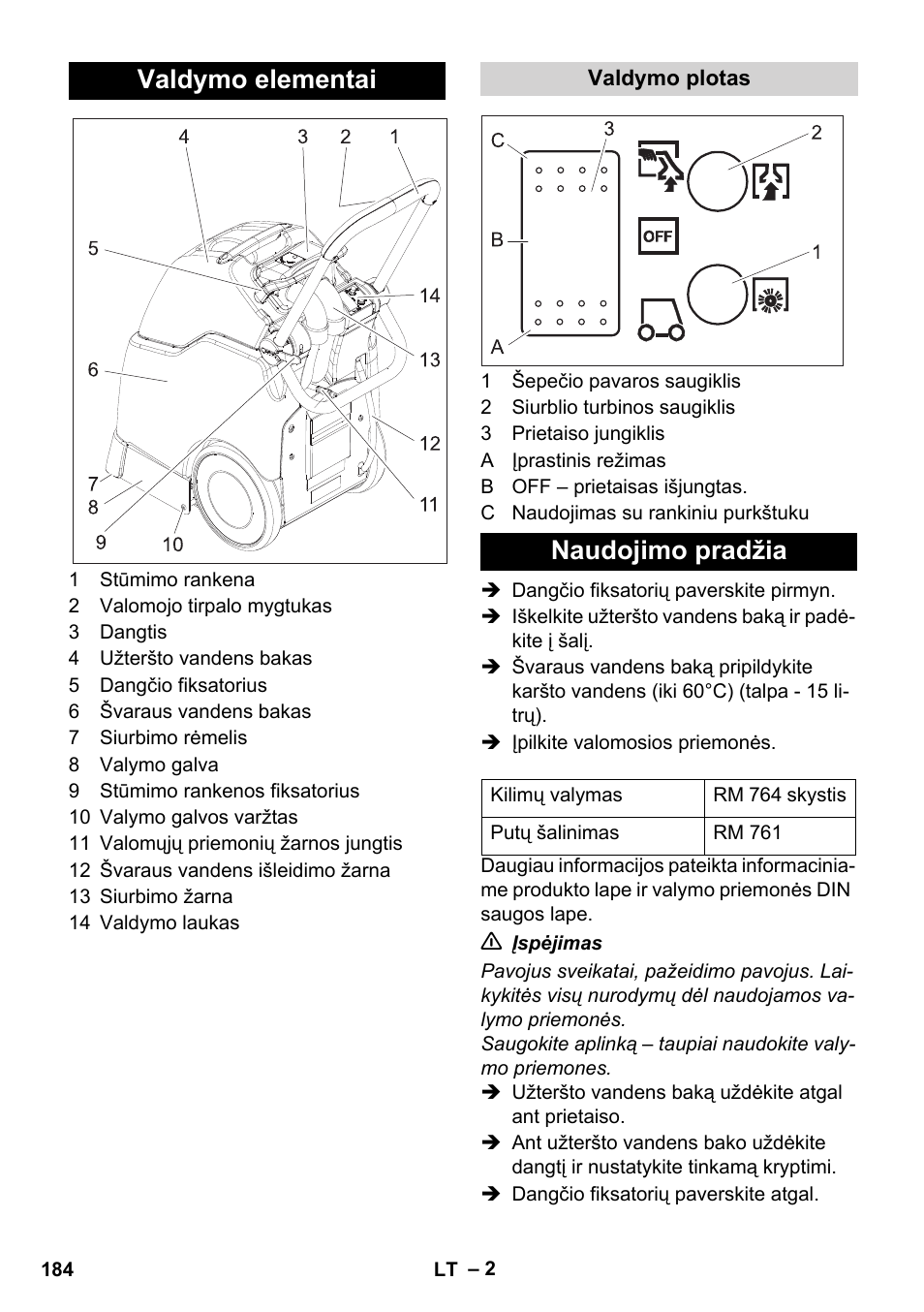 Valdymo elementai, Naudojimo pradžia | Karcher BRC 30-15 C User Manual | Page 184 / 200