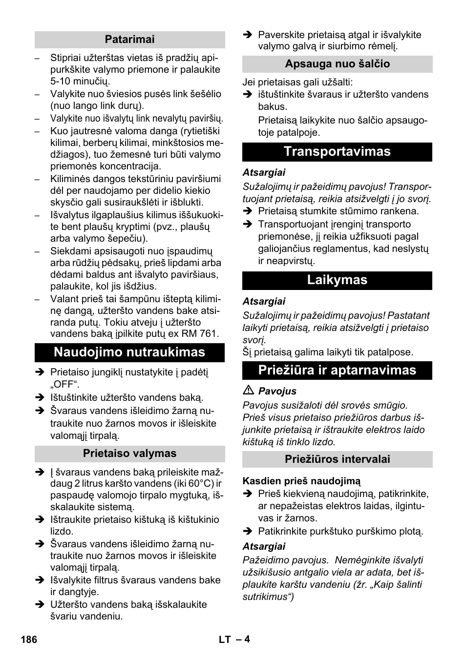 Naudojimo nutraukimas, Transportavimas laikymas priežiūra ir aptarnavimas | Karcher BRC 30-15 C User Manual | Page 186 / 200