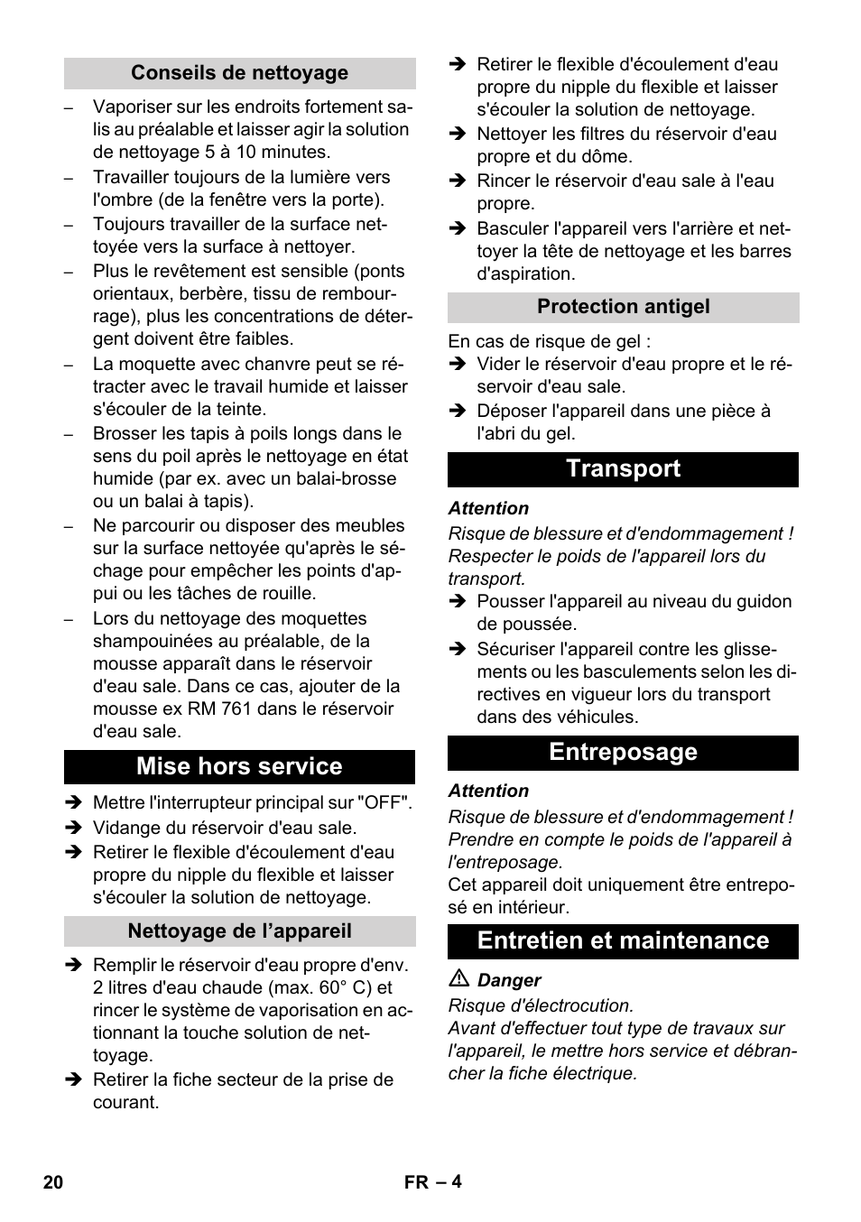 Mise hors service, Transport entreposage entretien et maintenance | Karcher BRC 30-15 C User Manual | Page 20 / 200
