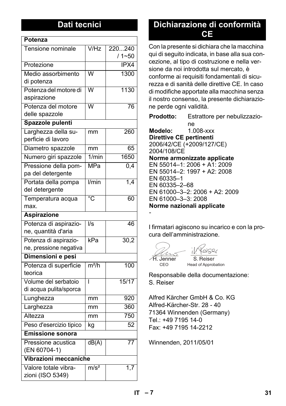 Dati tecnici, Dichiarazione di conformità ce | Karcher BRC 30-15 C User Manual | Page 31 / 200