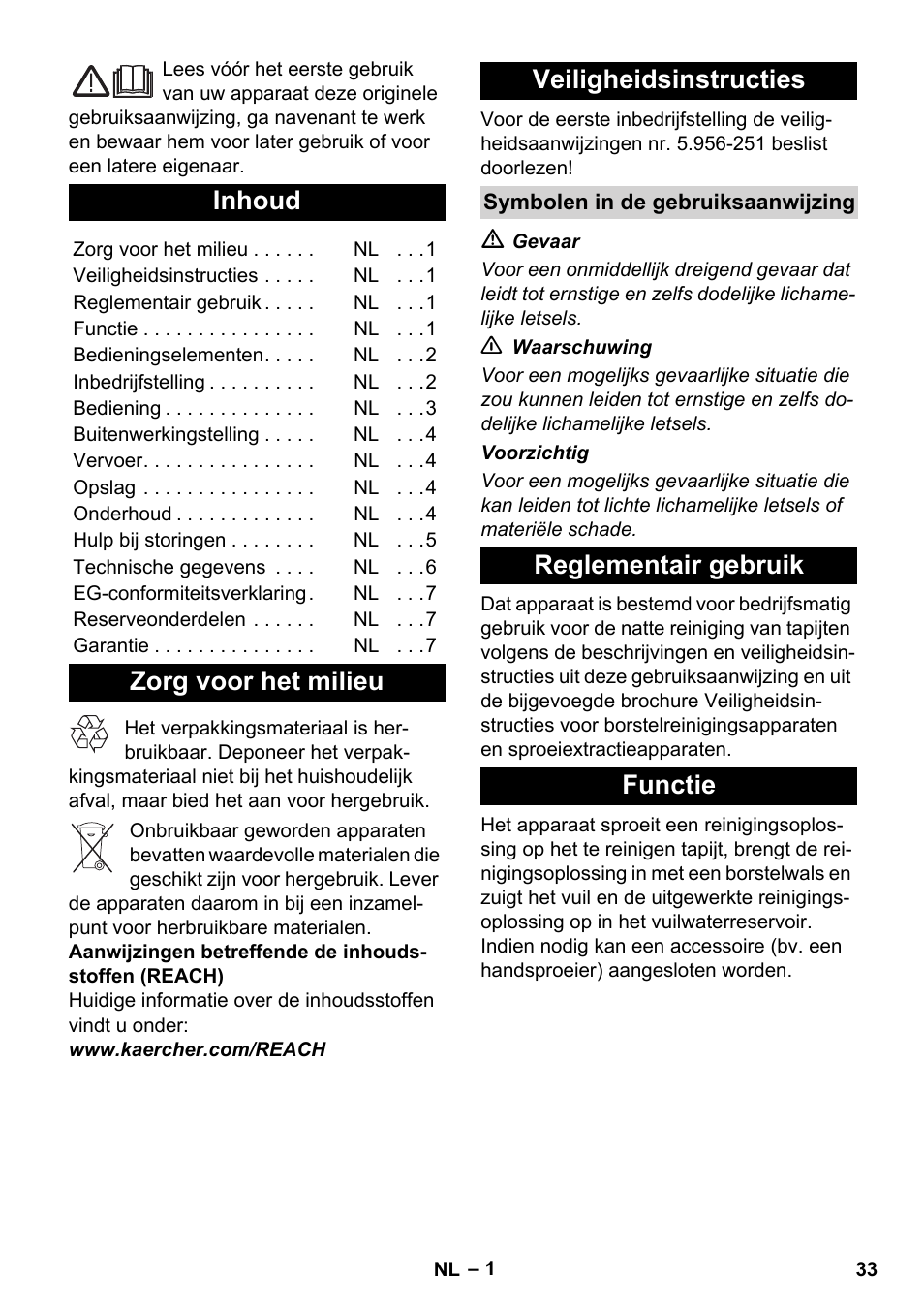 Nederlands, Inhoud, Zorg voor het milieu veiligheidsinstructies | Reglementair gebruik functie | Karcher BRC 30-15 C User Manual | Page 33 / 200