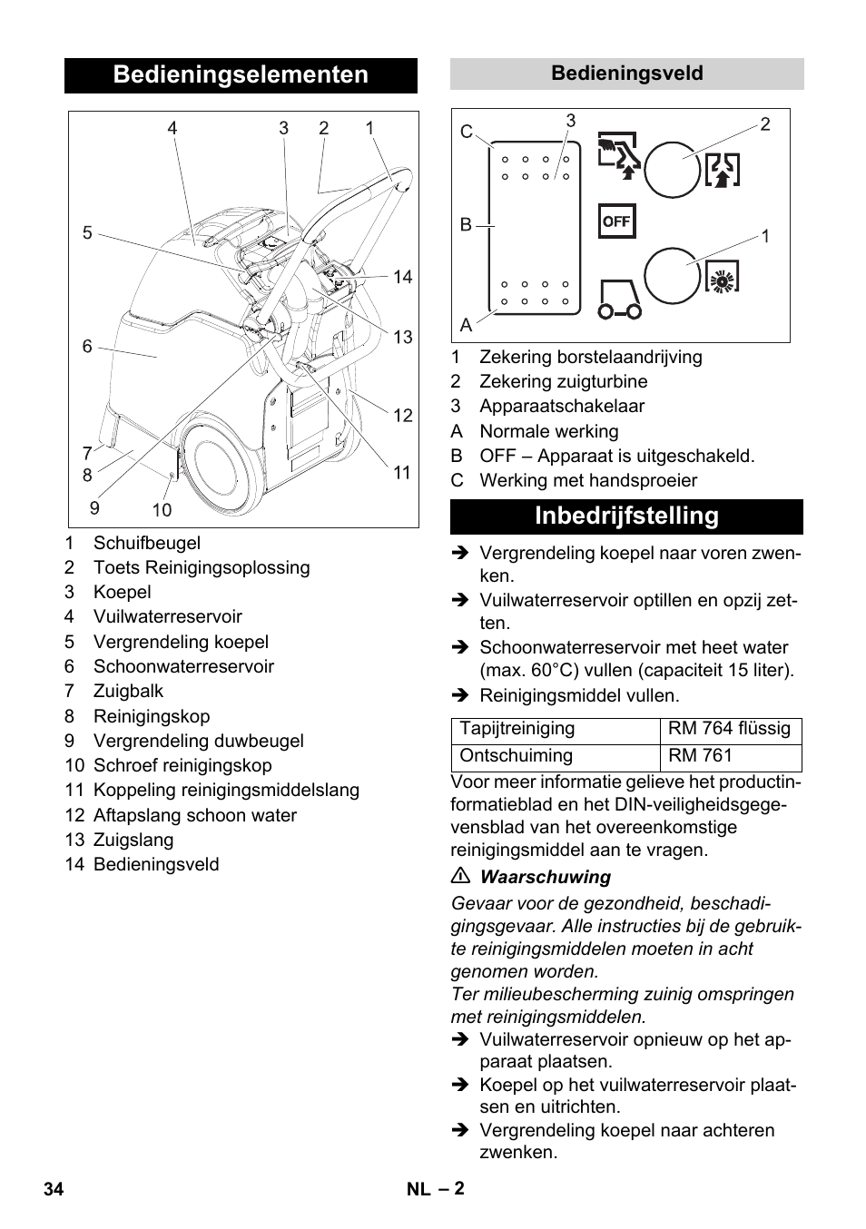 Bedieningselementen, Inbedrijfstelling | Karcher BRC 30-15 C User Manual | Page 34 / 200