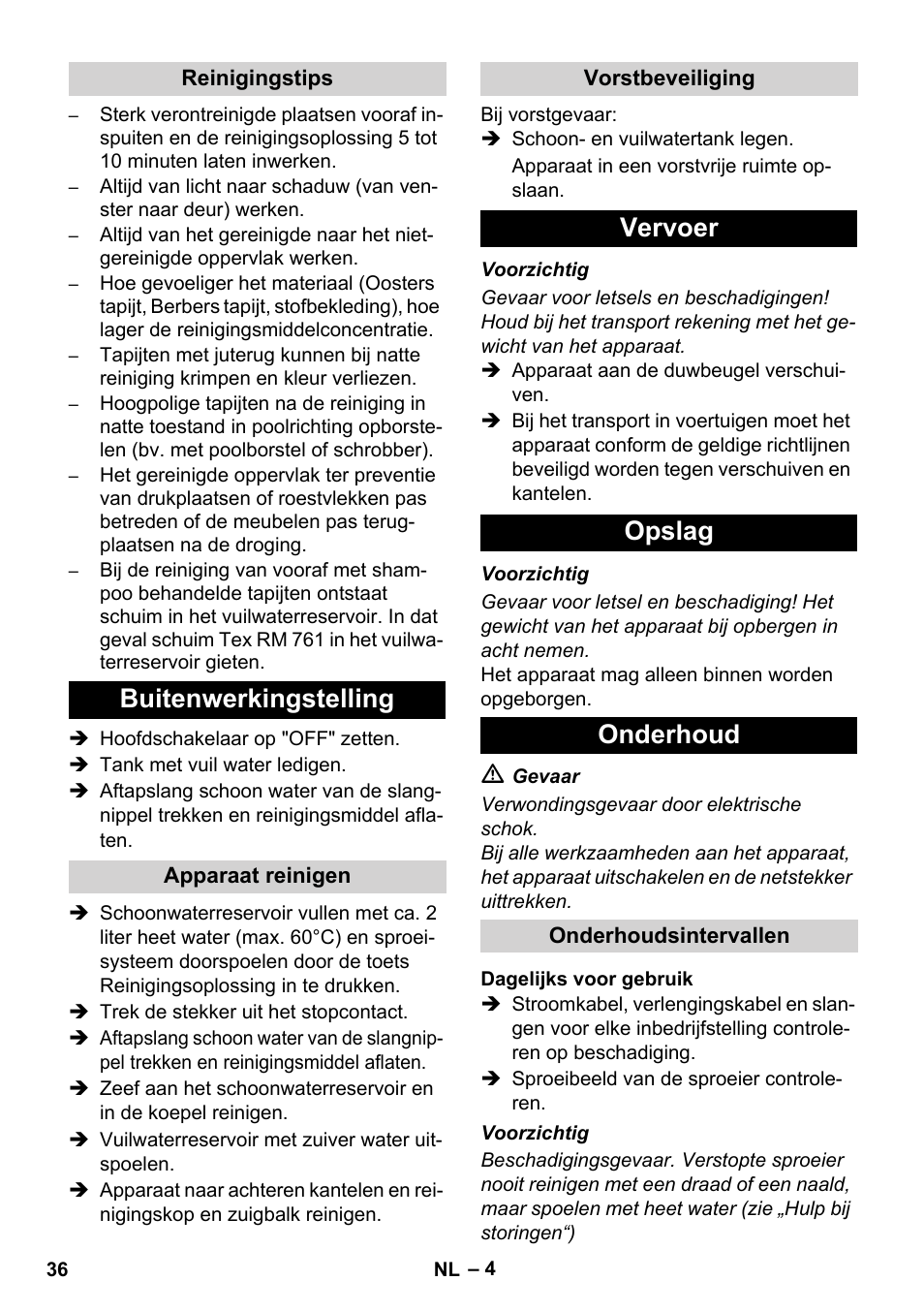 Buitenwerkingstelling, Vervoer opslag onderhoud | Karcher BRC 30-15 C User Manual | Page 36 / 200