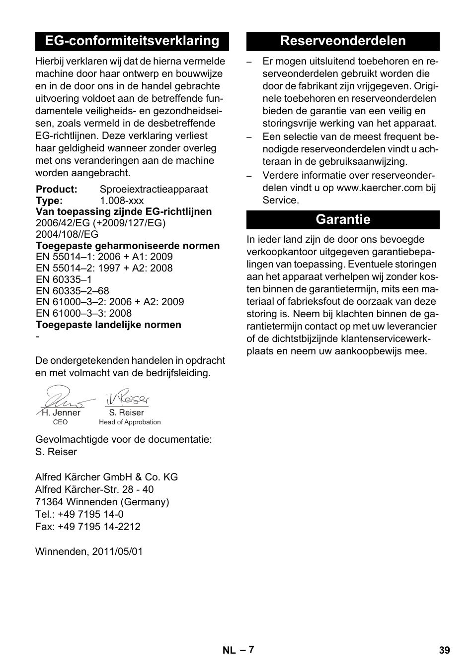 Eg-conformiteitsverklaring, Reserveonderdelen garantie | Karcher BRC 30-15 C User Manual | Page 39 / 200