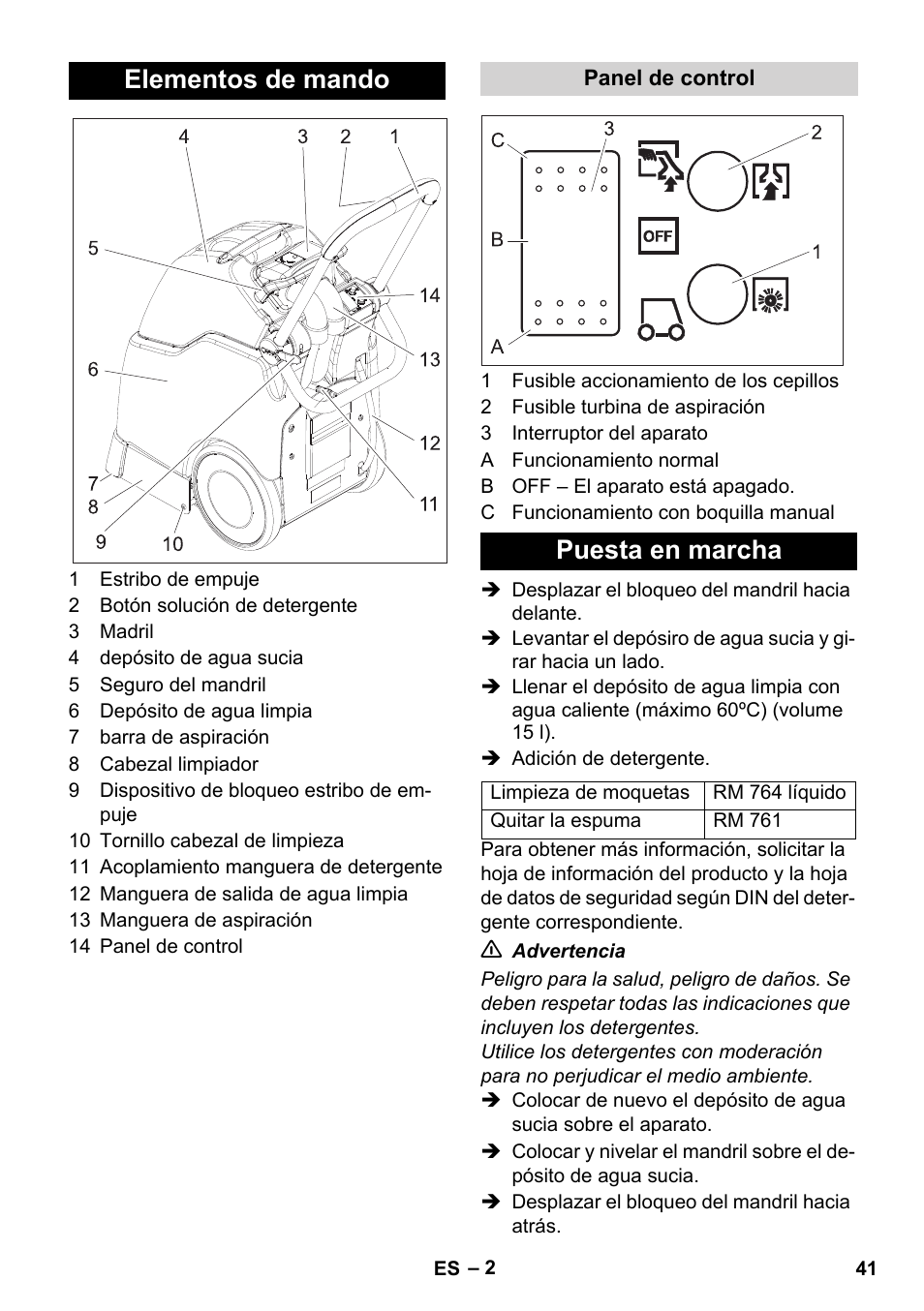 Elementos de mando, Puesta en marcha | Karcher BRC 30-15 C User Manual | Page 41 / 200