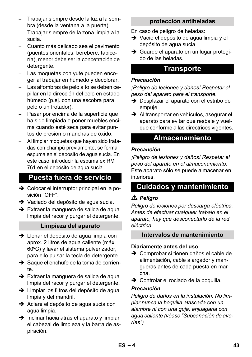 Puesta fuera de servicio, Transporte almacenamiento cuidados y mantenimiento | Karcher BRC 30-15 C User Manual | Page 43 / 200
