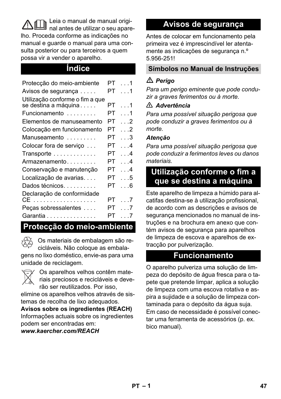 Português, Índice, Protecção do meio-ambiente avisos de segurança | Karcher BRC 30-15 C User Manual | Page 47 / 200