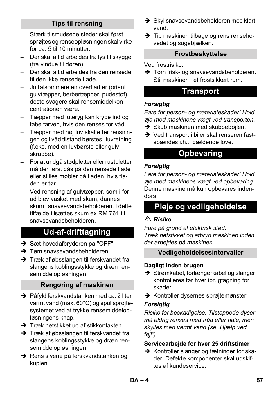 Ud-af-drifttagning, Transport opbevaring pleje og vedligeholdelse | Karcher BRC 30-15 C User Manual | Page 57 / 200