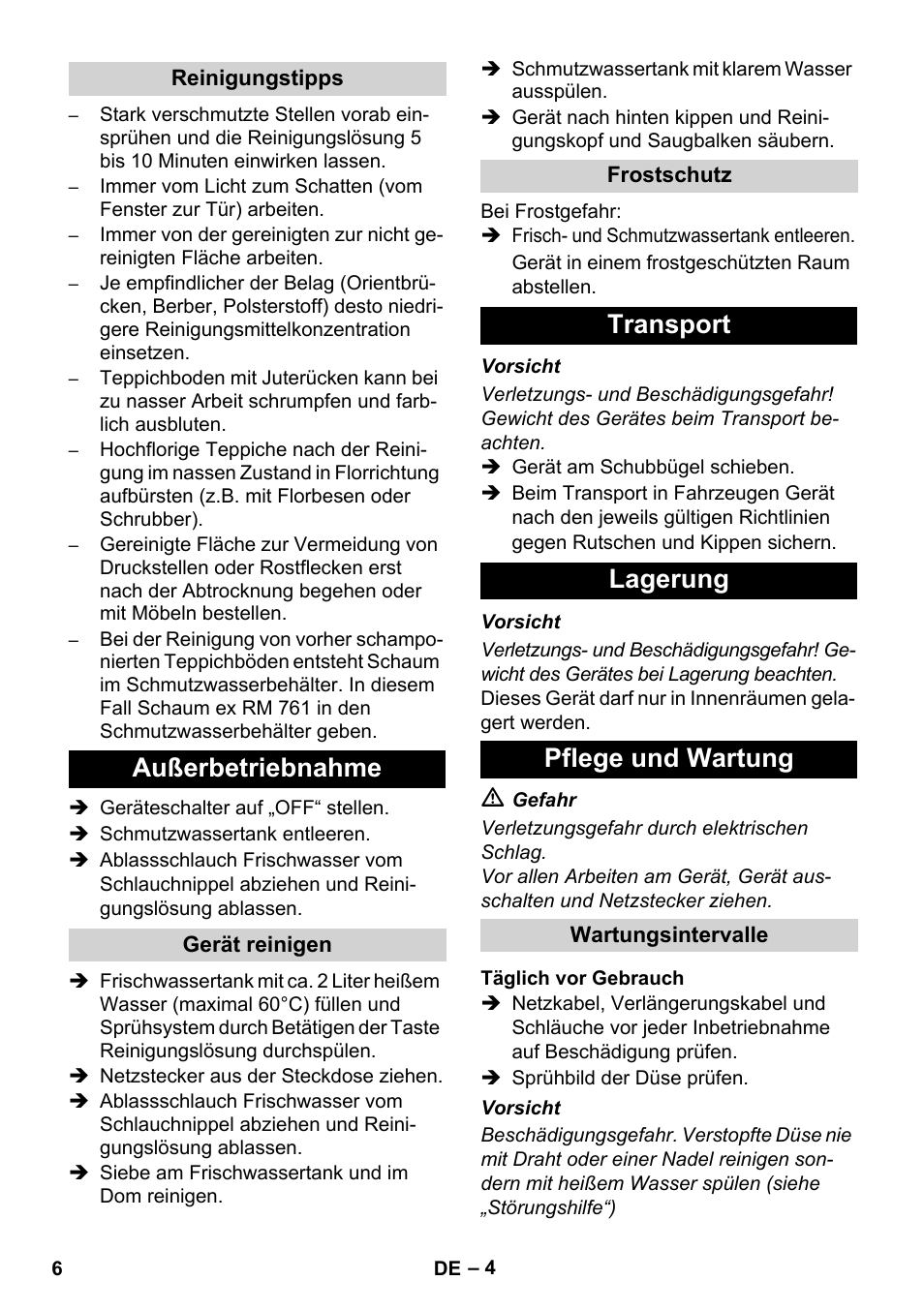 Außerbetriebnahme, Transport lagerung pflege und wartung | Karcher BRC 30-15 C User Manual | Page 6 / 200
