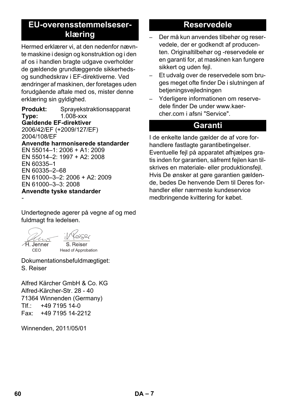 Eu-overensstemmelseser- klæring, Reservedele garanti | Karcher BRC 30-15 C User Manual | Page 60 / 200