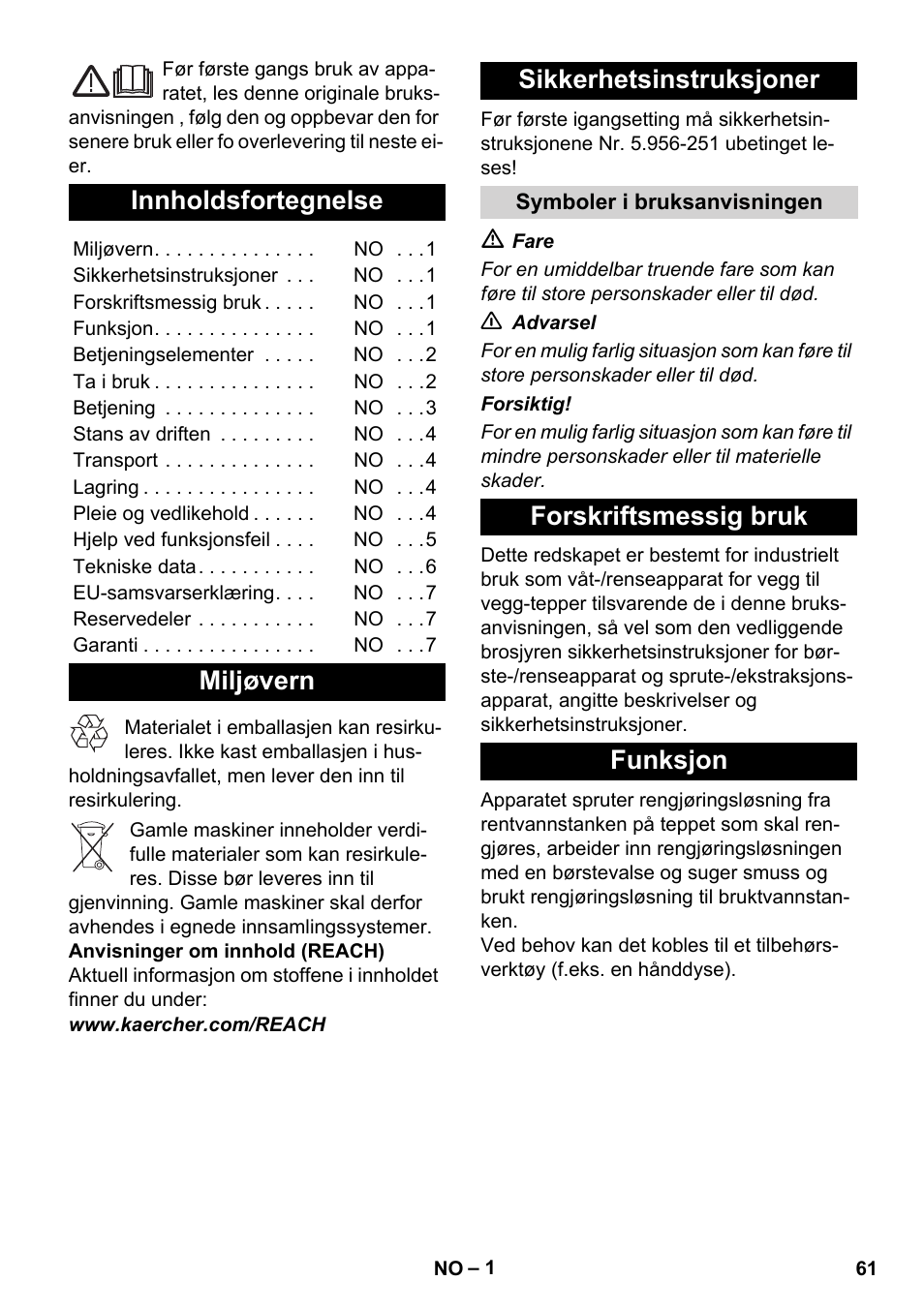 Norsk, Innholdsfortegnelse, Miljøvern sikkerhetsinstruksjoner | Forskriftsmessig bruk funksjon | Karcher BRC 30-15 C User Manual | Page 61 / 200