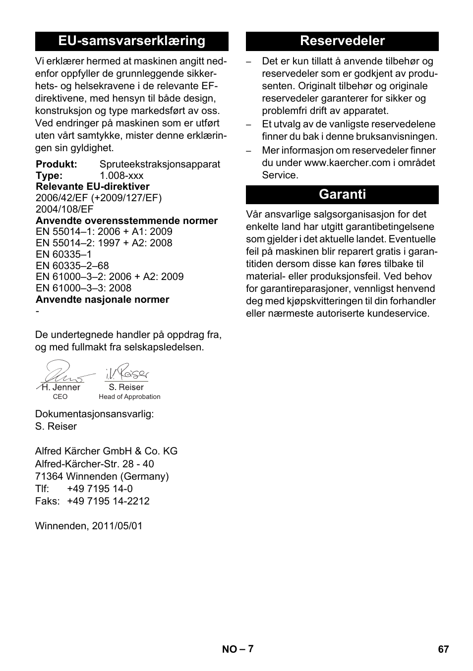 Eu-samsvarserklæring, Reservedeler garanti | Karcher BRC 30-15 C User Manual | Page 67 / 200