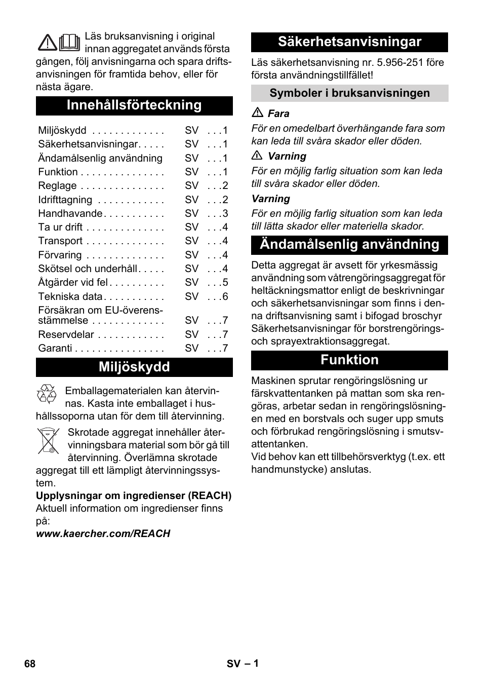 Svenska, Innehållsförteckning, Miljöskydd säkerhetsanvisningar | Ändamålsenlig användning funktion | Karcher BRC 30-15 C User Manual | Page 68 / 200