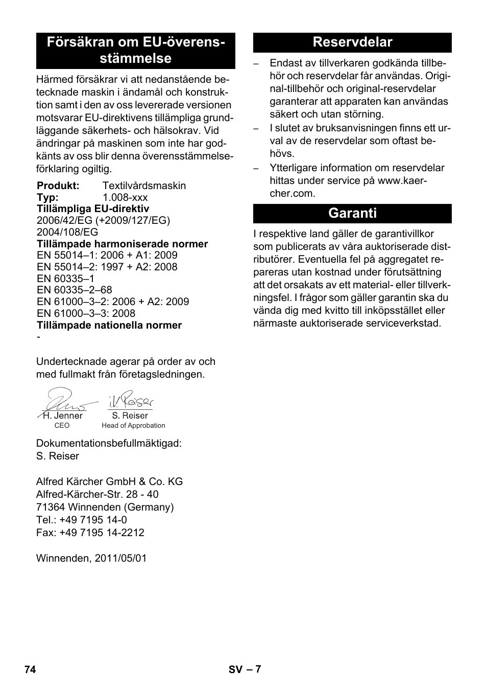 Försäkran om eu-överens- stämmelse, Reservdelar garanti | Karcher BRC 30-15 C User Manual | Page 74 / 200