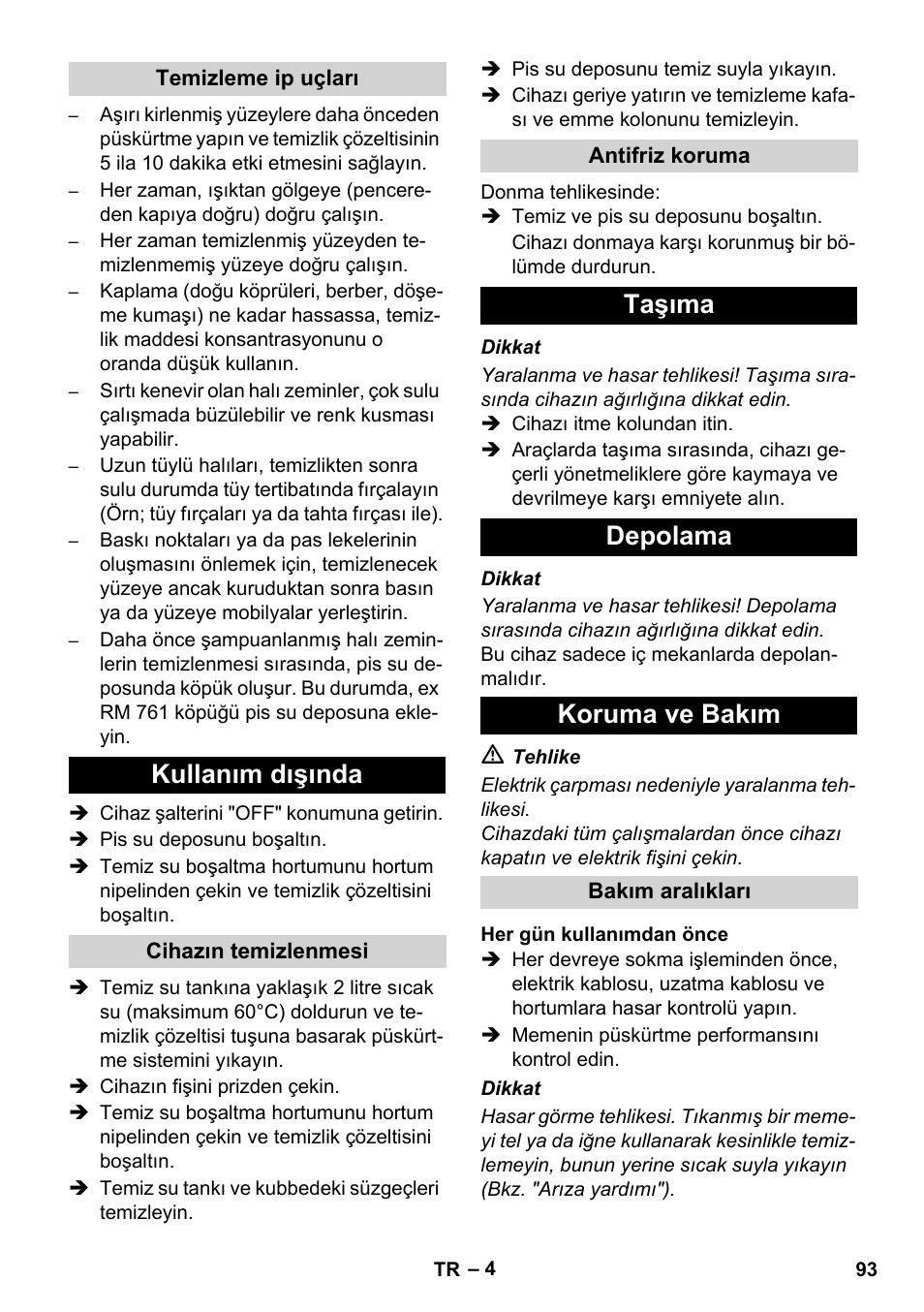 Kullanım dışında, Taşıma depolama koruma ve bakım | Karcher BRC 30-15 C User Manual | Page 93 / 200