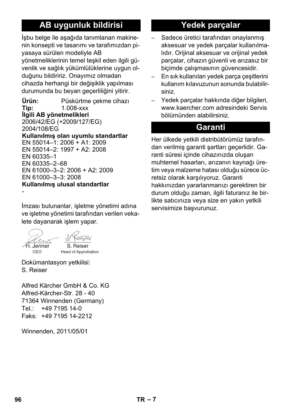 Ab uygunluk bildirisi, Yedek parçalar garanti | Karcher BRC 30-15 C User Manual | Page 96 / 200