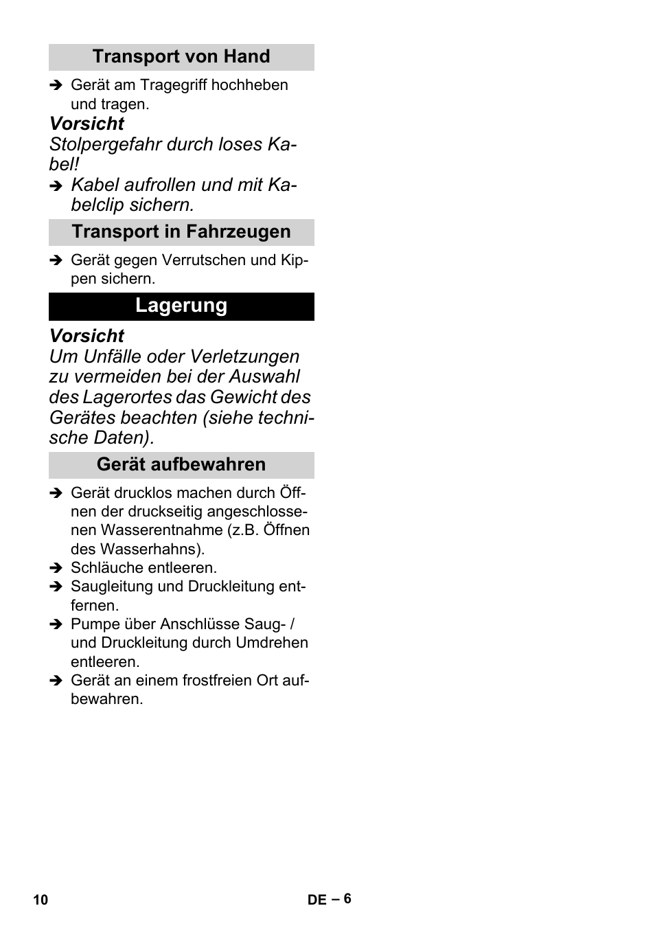 Transport von hand, Transport in fahrzeugen, Lagerung | Gerät aufbewahren | Karcher BP 2 Garden User Manual | Page 10 / 106