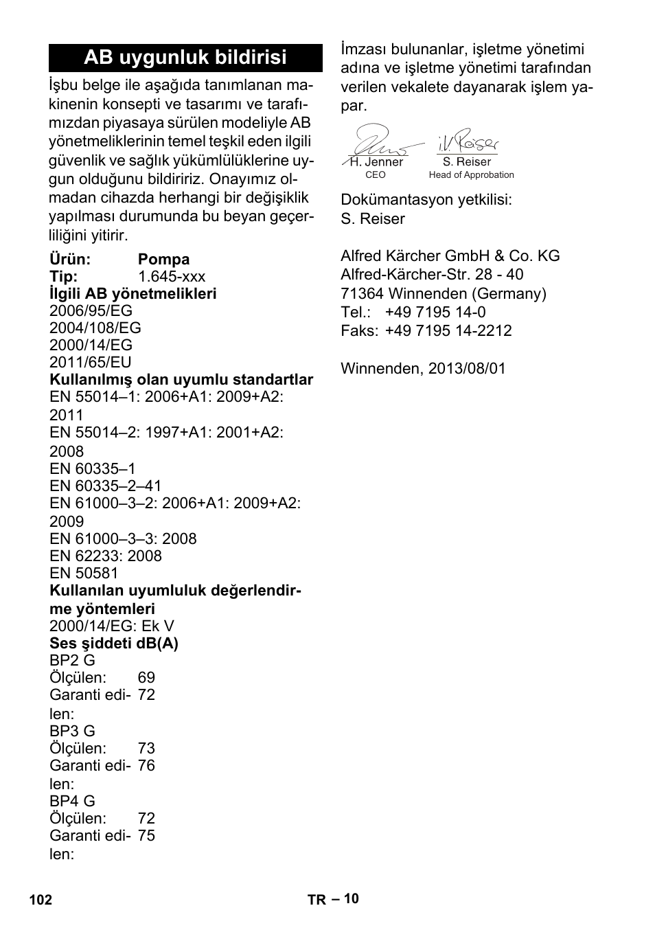 Ab uygunluk bildirisi | Karcher BP 2 Garden User Manual | Page 102 / 106