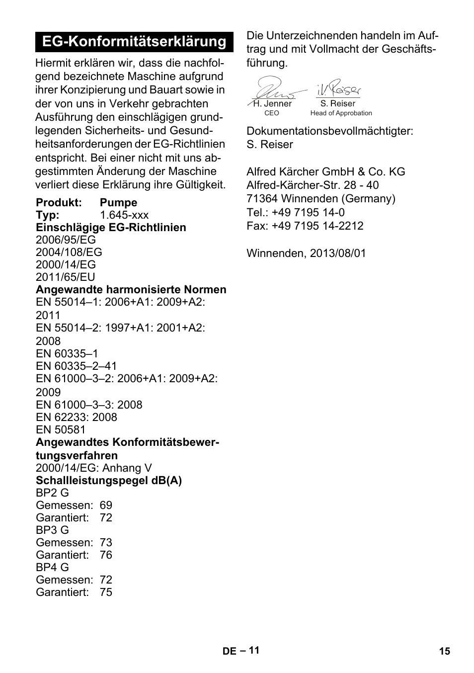 Eg-konformitätserklärung | Karcher BP 2 Garden User Manual | Page 15 / 106