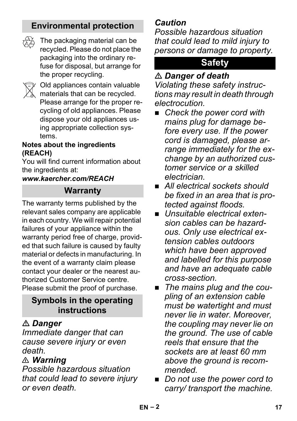 Environmental protection, Warranty, Symbols in the operating instructions | Safety | Karcher BP 2 Garden User Manual | Page 17 / 106