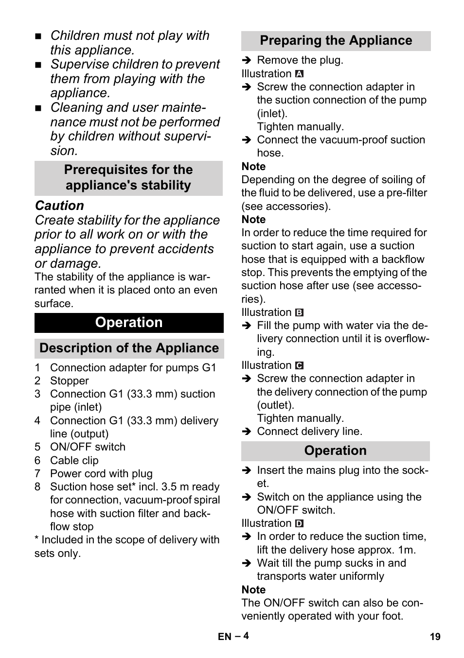 Prerequisites for the appliance's stability, Operation, Description of the appliance | Preparing the appliance, Children must not play with this appliance | Karcher BP 2 Garden User Manual | Page 19 / 106