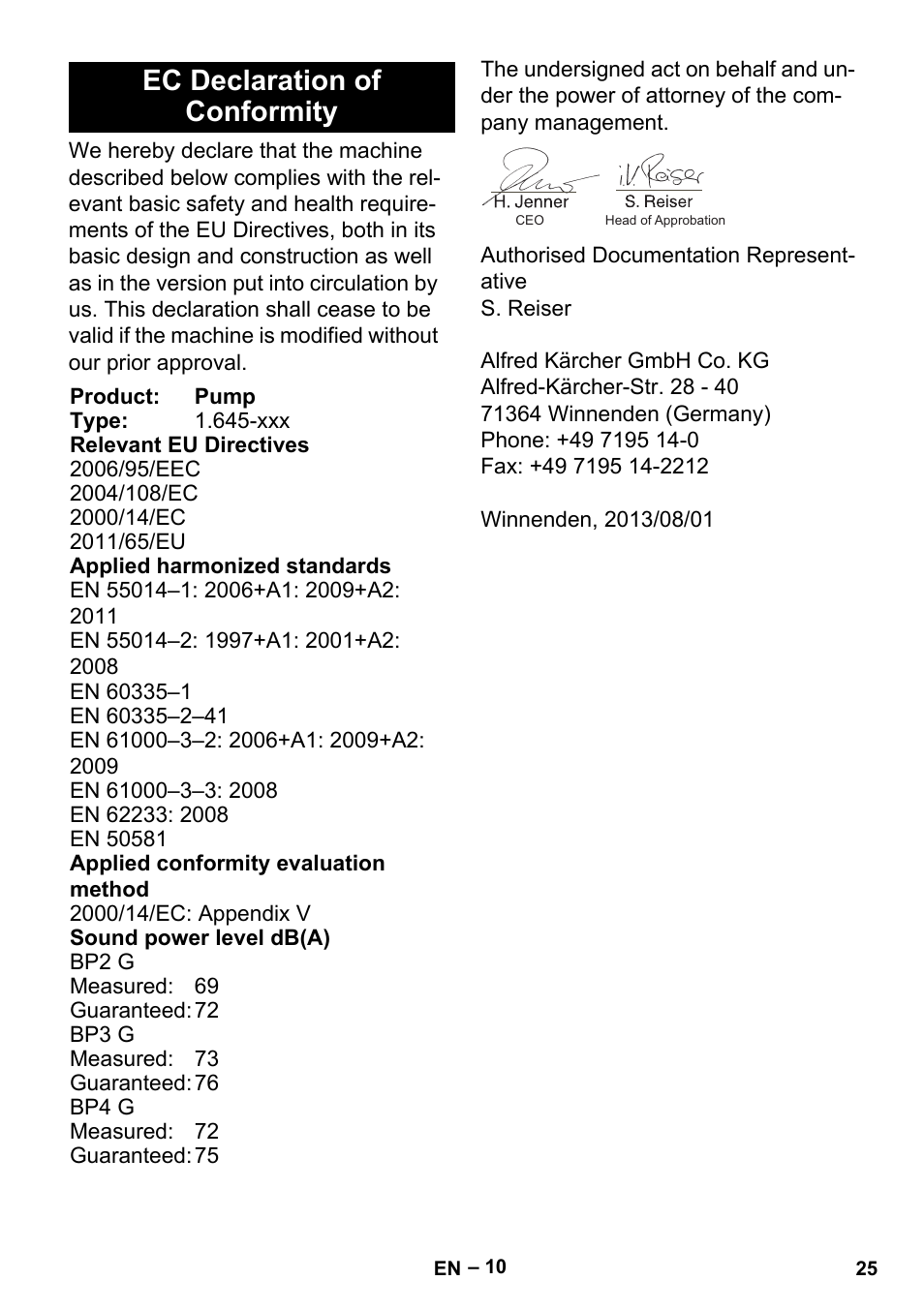 Ec declaration of conformity | Karcher BP 2 Garden User Manual | Page 25 / 106