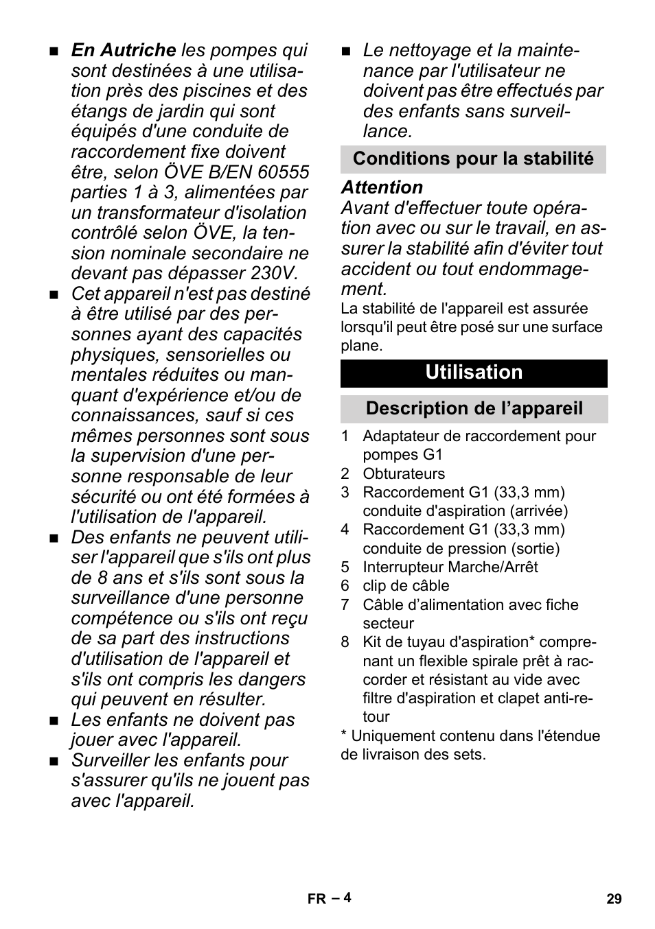 Conditions pour la stabilité, Utilisation, Description de l’appareil | Karcher BP 2 Garden User Manual | Page 29 / 106