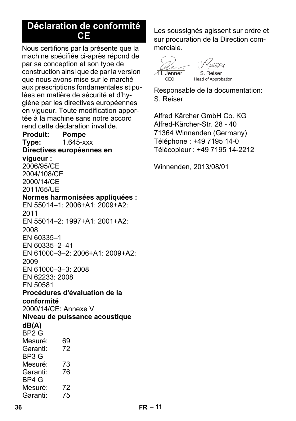 Déclaration de conformité ce | Karcher BP 2 Garden User Manual | Page 36 / 106