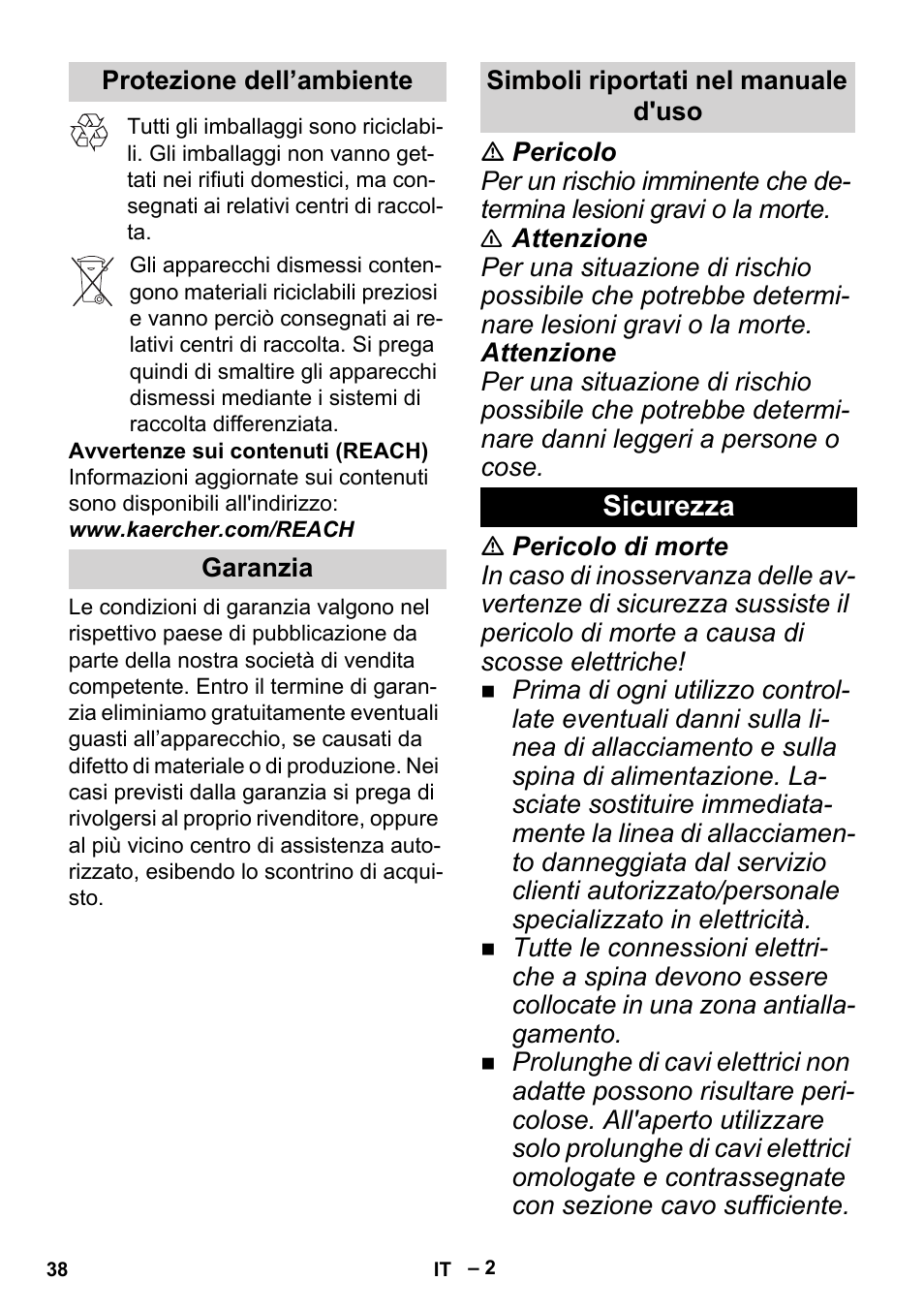 Protezione dell’ambiente, Garanzia, Simboli riportati nel manuale d'uso | Sicurezza | Karcher BP 2 Garden User Manual | Page 38 / 106