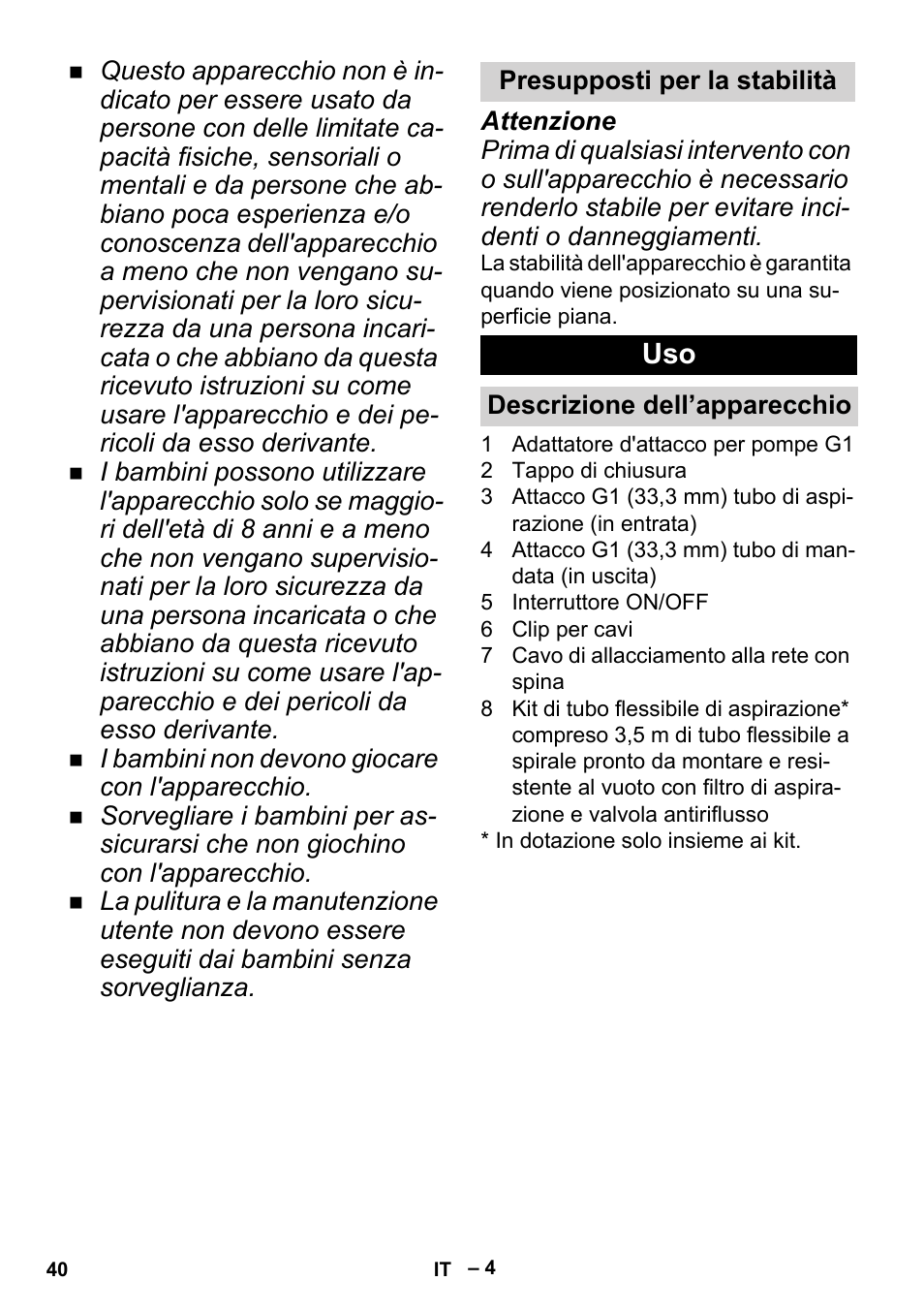 Presupposti per la stabilità, Descrizione dell’apparecchio | Karcher BP 2 Garden User Manual | Page 40 / 106