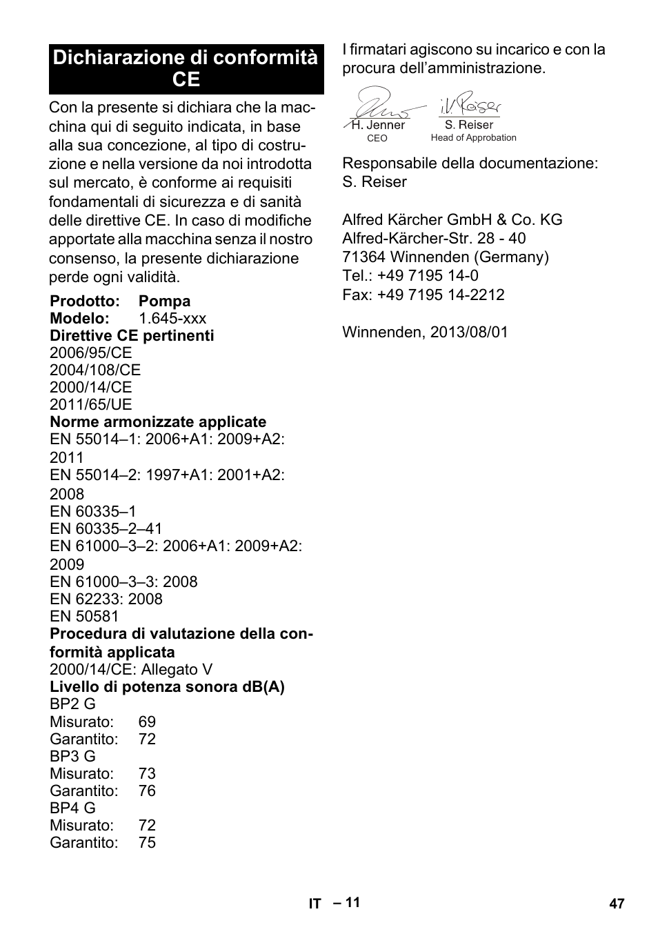 Dichiarazione di conformità ce | Karcher BP 2 Garden User Manual | Page 47 / 106