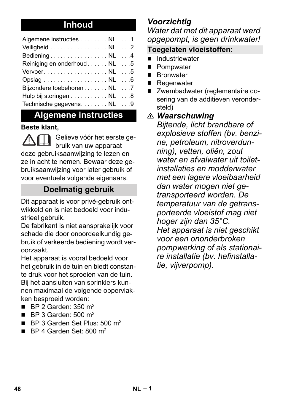 Nederlands, Inhoud, Algemene instructies | Doelmatig gebruik, Toegelaten vloeistoffen | Karcher BP 2 Garden User Manual | Page 48 / 106