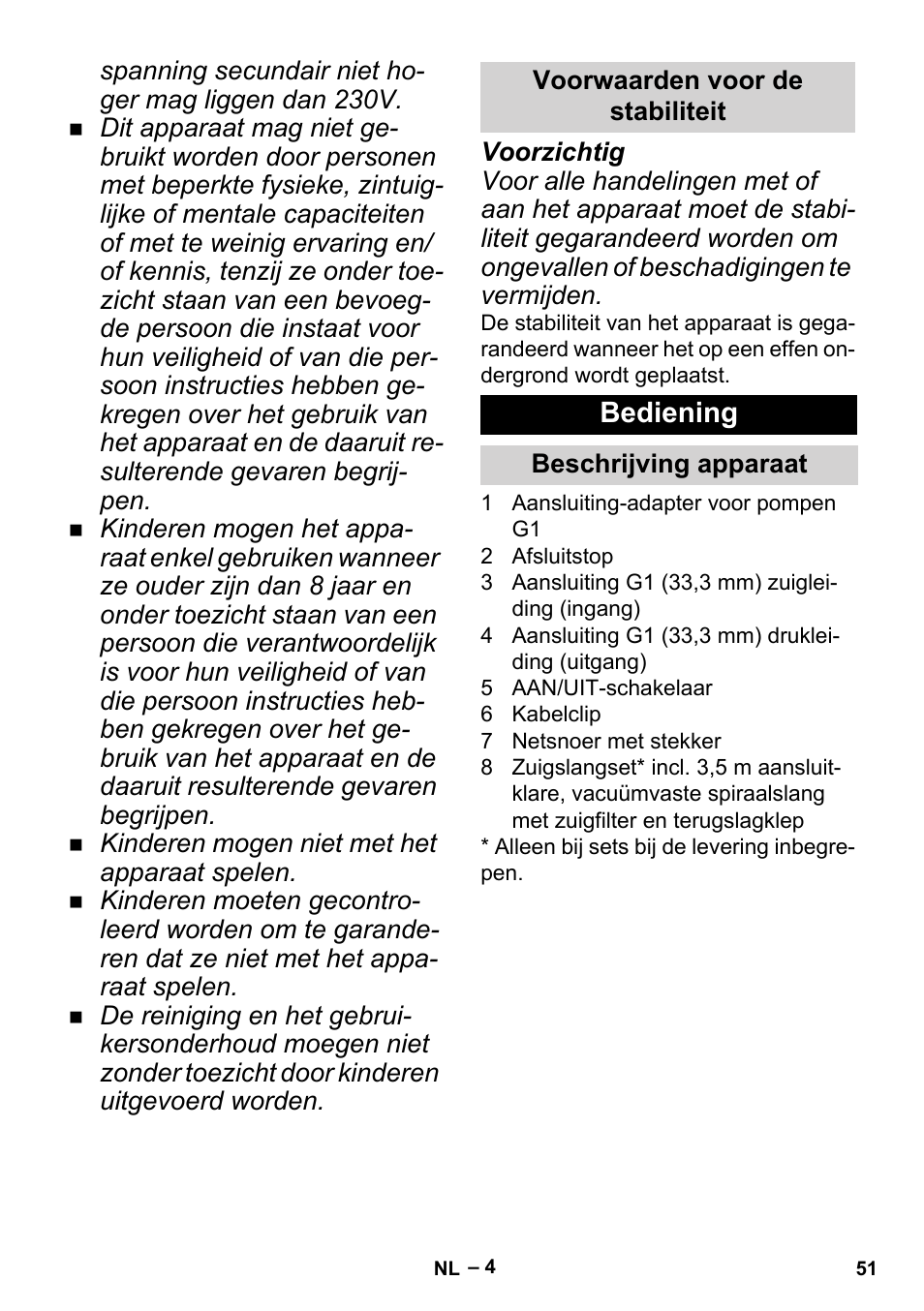 Voorwaarden voor de stabiliteit, Bediening, Beschrijving apparaat | Karcher BP 2 Garden User Manual | Page 51 / 106