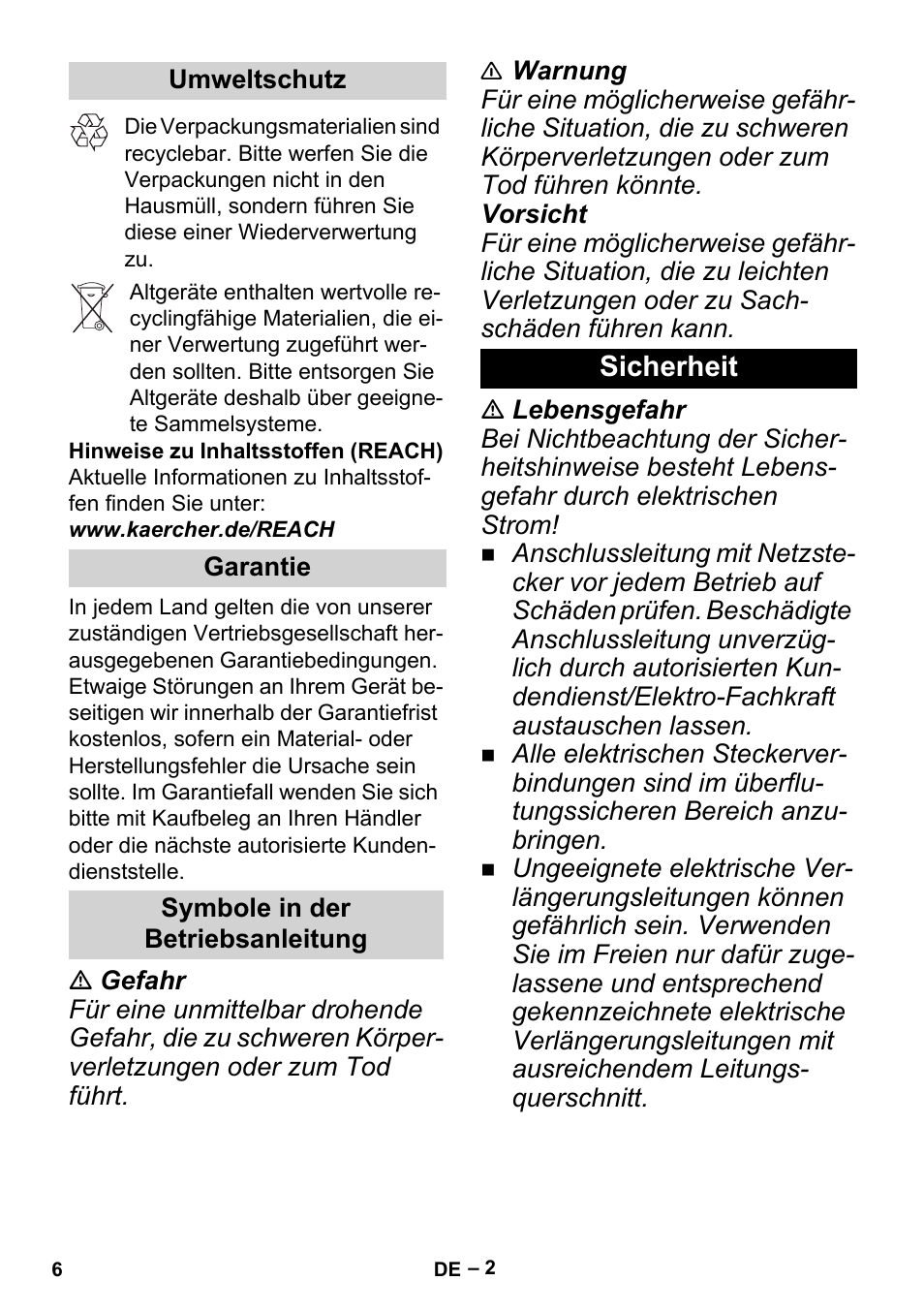 Umweltschutz, Garantie, Symbole in der betriebsanleitung | Sicherheit | Karcher BP 2 Garden User Manual | Page 6 / 106