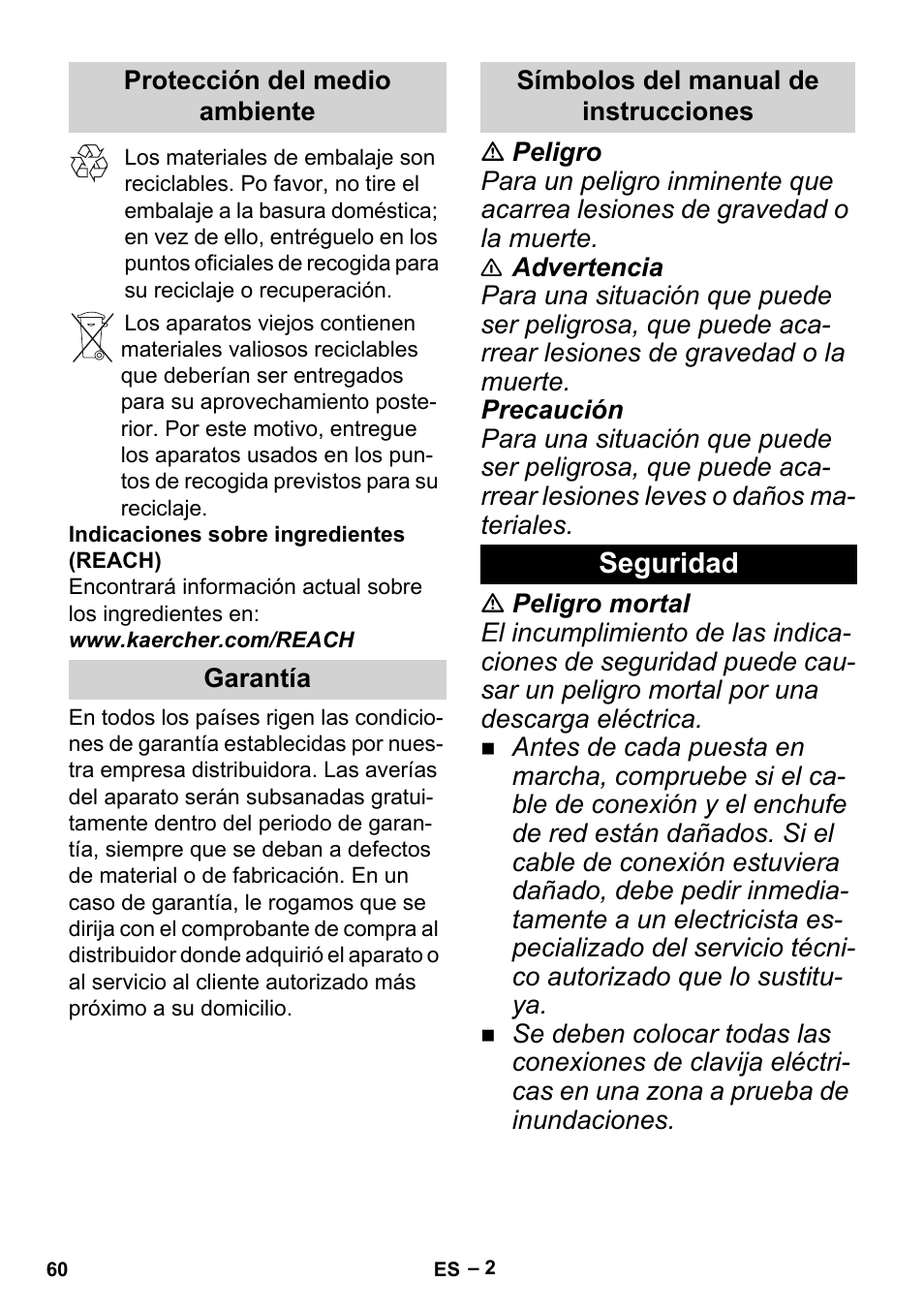 Protección del medio ambiente, Garantía, Símbolos del manual de instrucciones | Seguridad | Karcher BP 2 Garden User Manual | Page 60 / 106