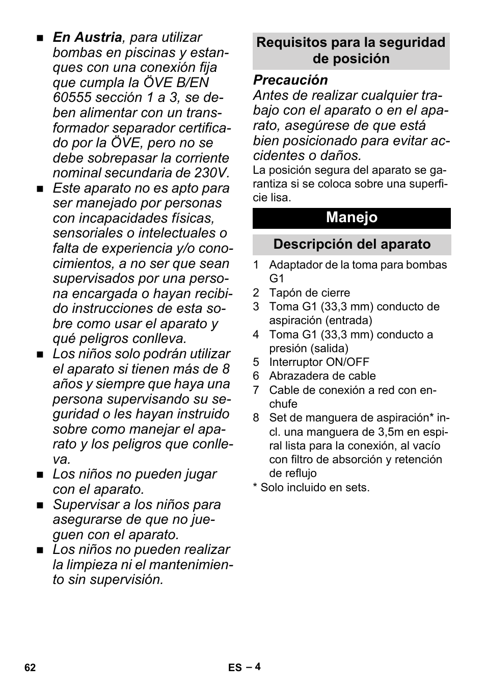 Requisitos para la seguridad de posición, Manejo, Descripción del aparato | Karcher BP 2 Garden User Manual | Page 62 / 106