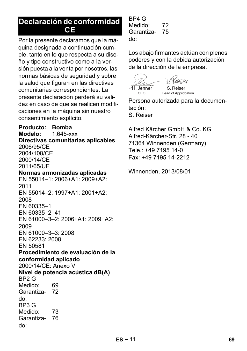 Declaración de conformidad ce | Karcher BP 2 Garden User Manual | Page 69 / 106