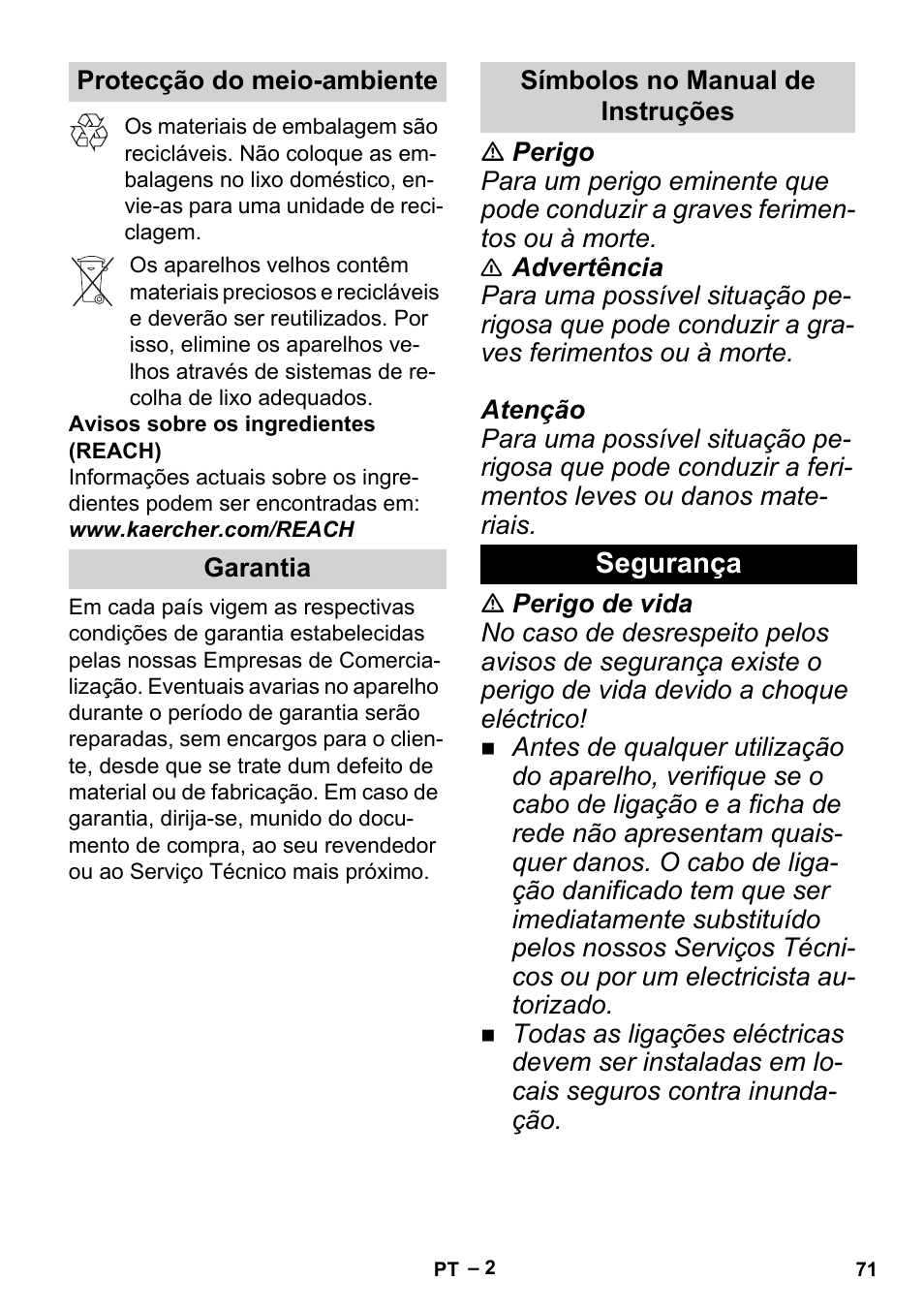 Protecção do meio-ambiente, Garantia, Símbolos no manual de instruções | Segurança | Karcher BP 2 Garden User Manual | Page 71 / 106