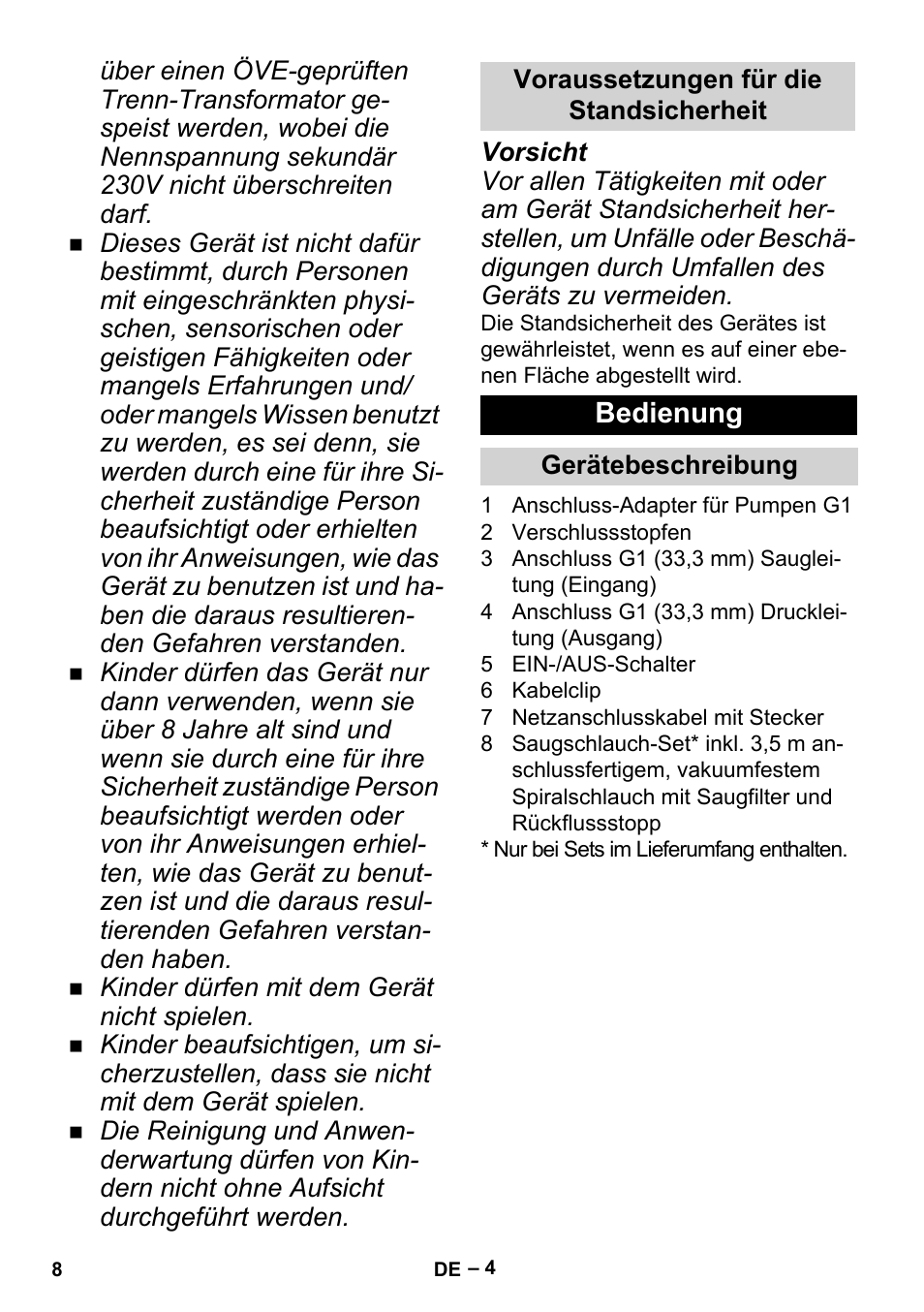 Voraussetzungen für die standsicherheit, Bedienung, Gerätebeschreibung | Karcher BP 2 Garden User Manual | Page 8 / 106