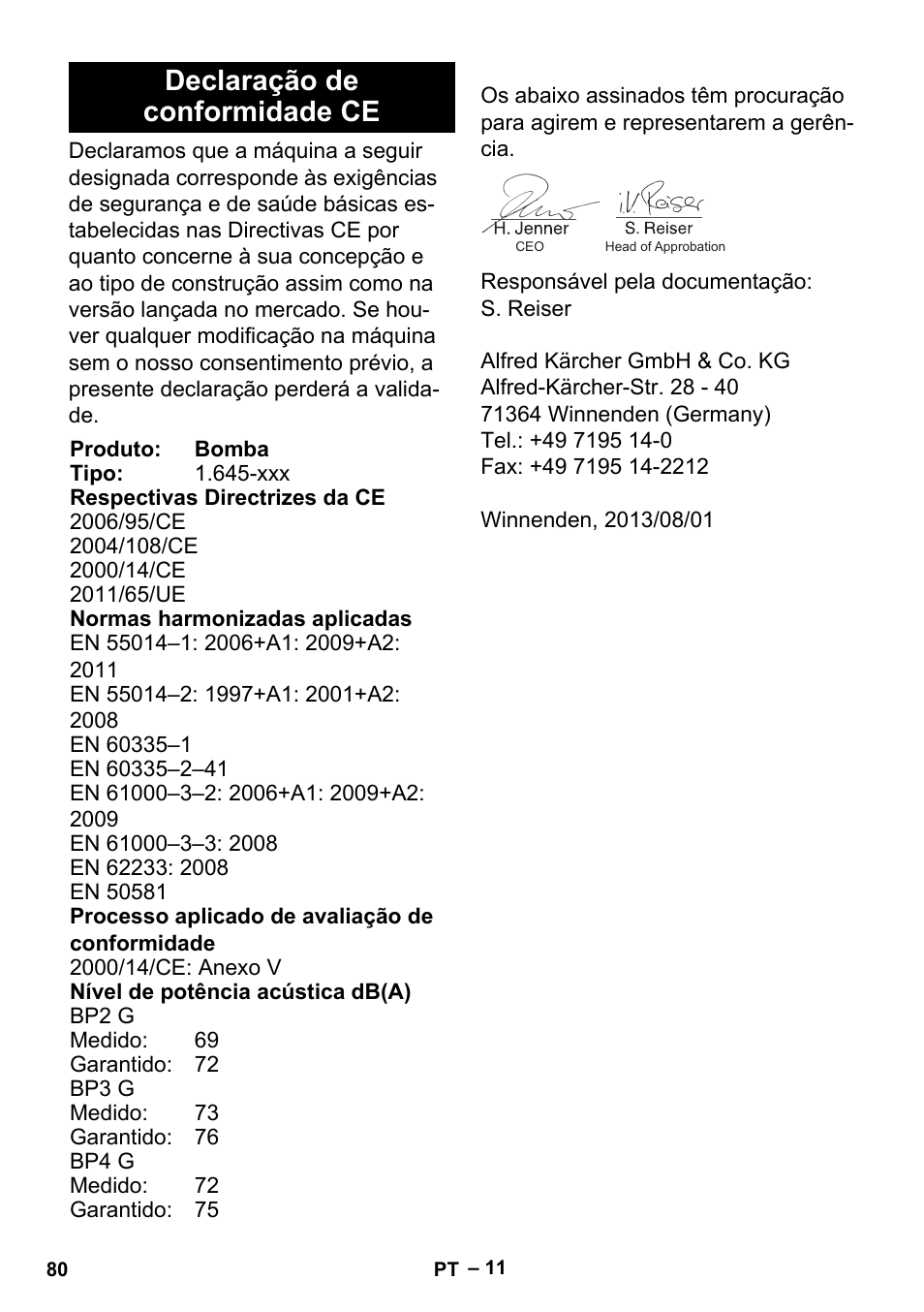 Declaração de conformidade ce | Karcher BP 2 Garden User Manual | Page 80 / 106