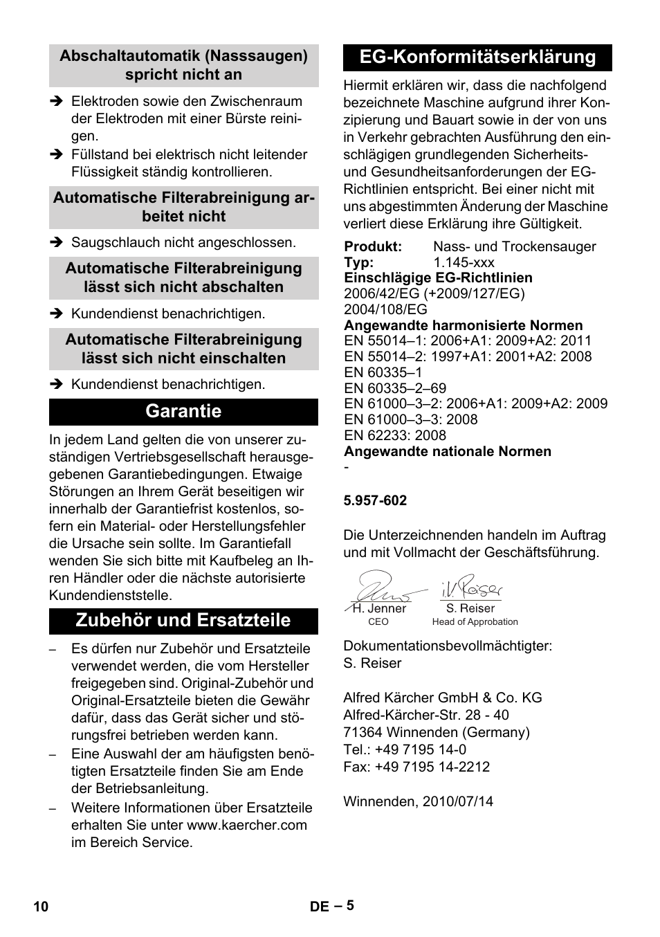 Abschaltautomatik (nasssaugen) spricht nicht an, Automatische filterabreinigung arbeitet nicht, Garantie | Zubehör und ersatzteile, Eg-konformitätserklärung | Karcher NT 45-1 Tact Te Ec User Manual | Page 10 / 180