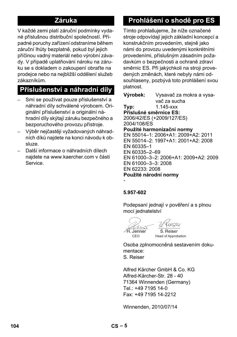 Záruka, Příslušenství a náhradní díly, Prohlášení o shodě pro es | Karcher NT 45-1 Tact Te Ec User Manual | Page 104 / 180