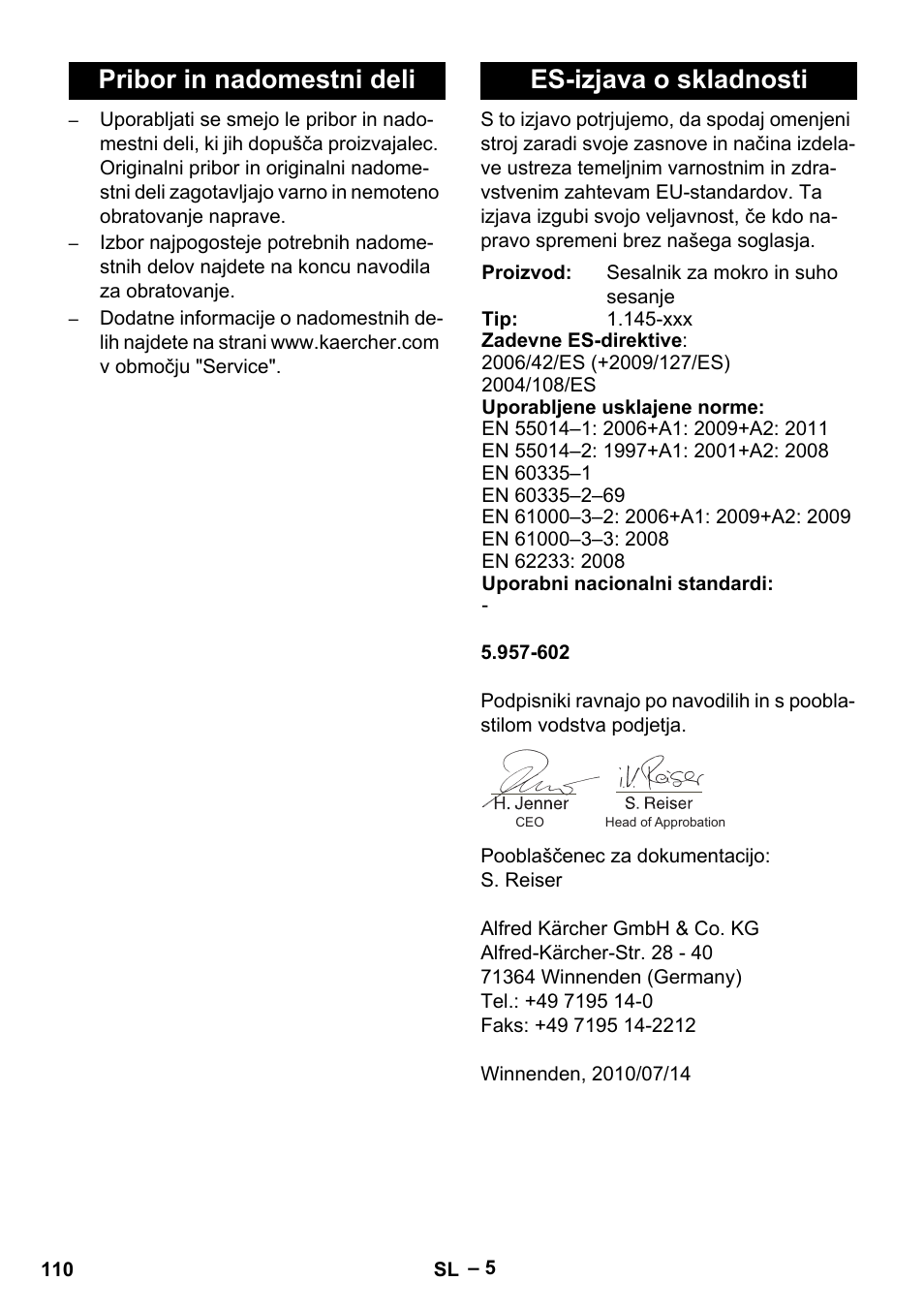 Pribor in nadomestni deli, Es-izjava o skladnosti, Pribor in nadomestni deli es-izjava o skladnosti | Karcher NT 45-1 Tact Te Ec User Manual | Page 110 / 180